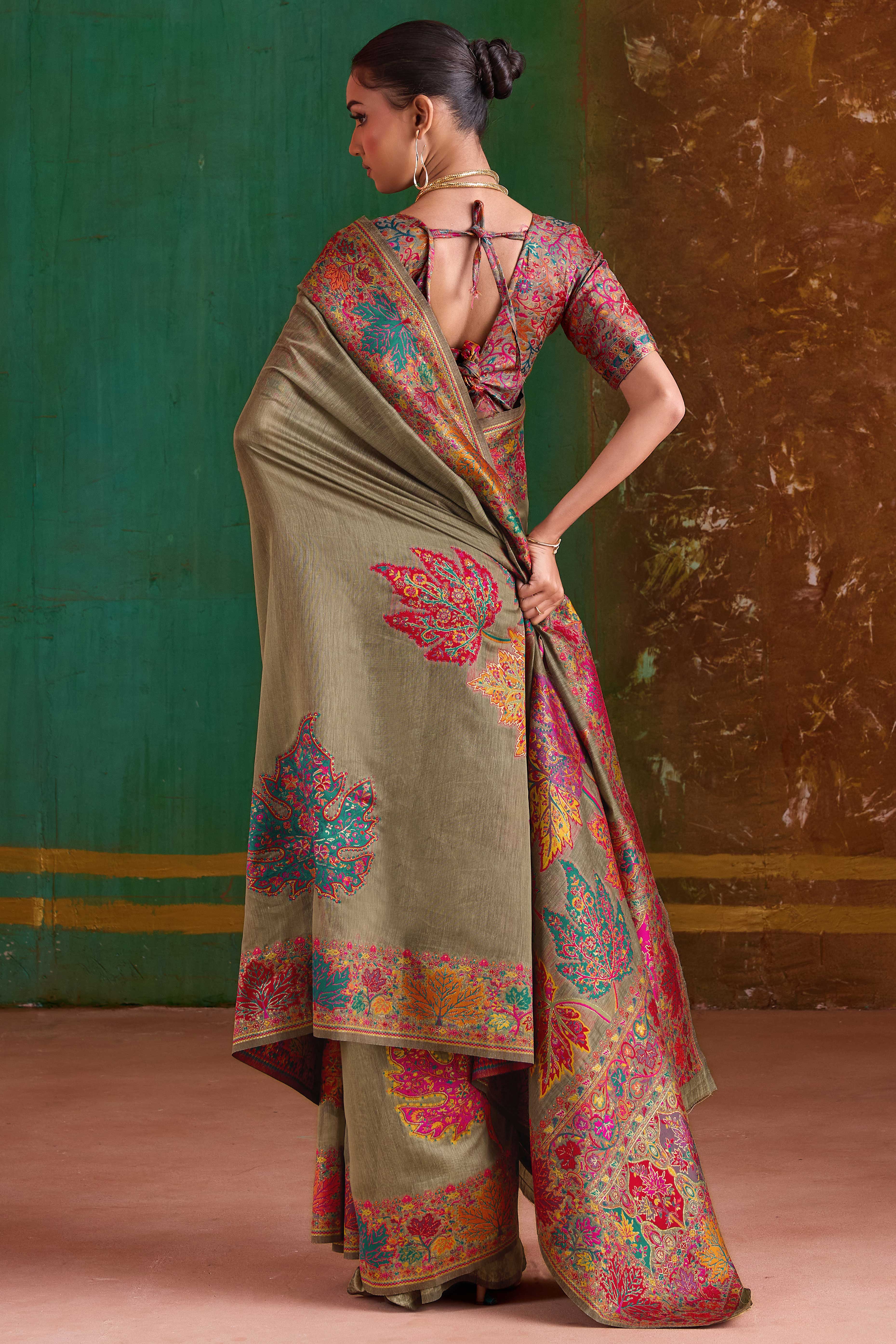 Luxurious Dark Chikoo Leaf Motif Pashmina Weaving Modal Cotton Blend Saree With Refined Appeal