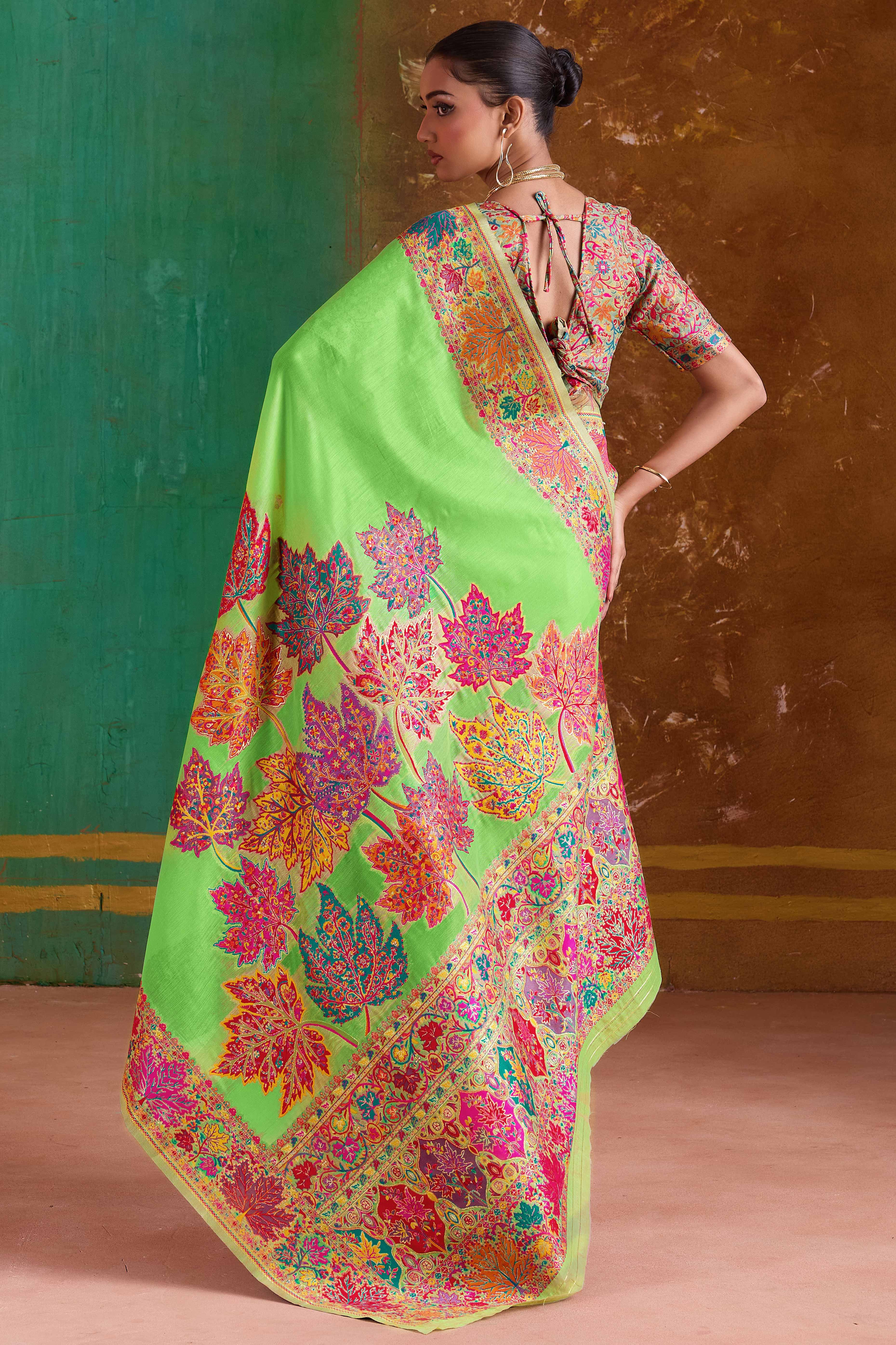 Luxurious Green Leaf Motif Pashmina Weaving Modal Cotton Blend Saree With Refined Appeal