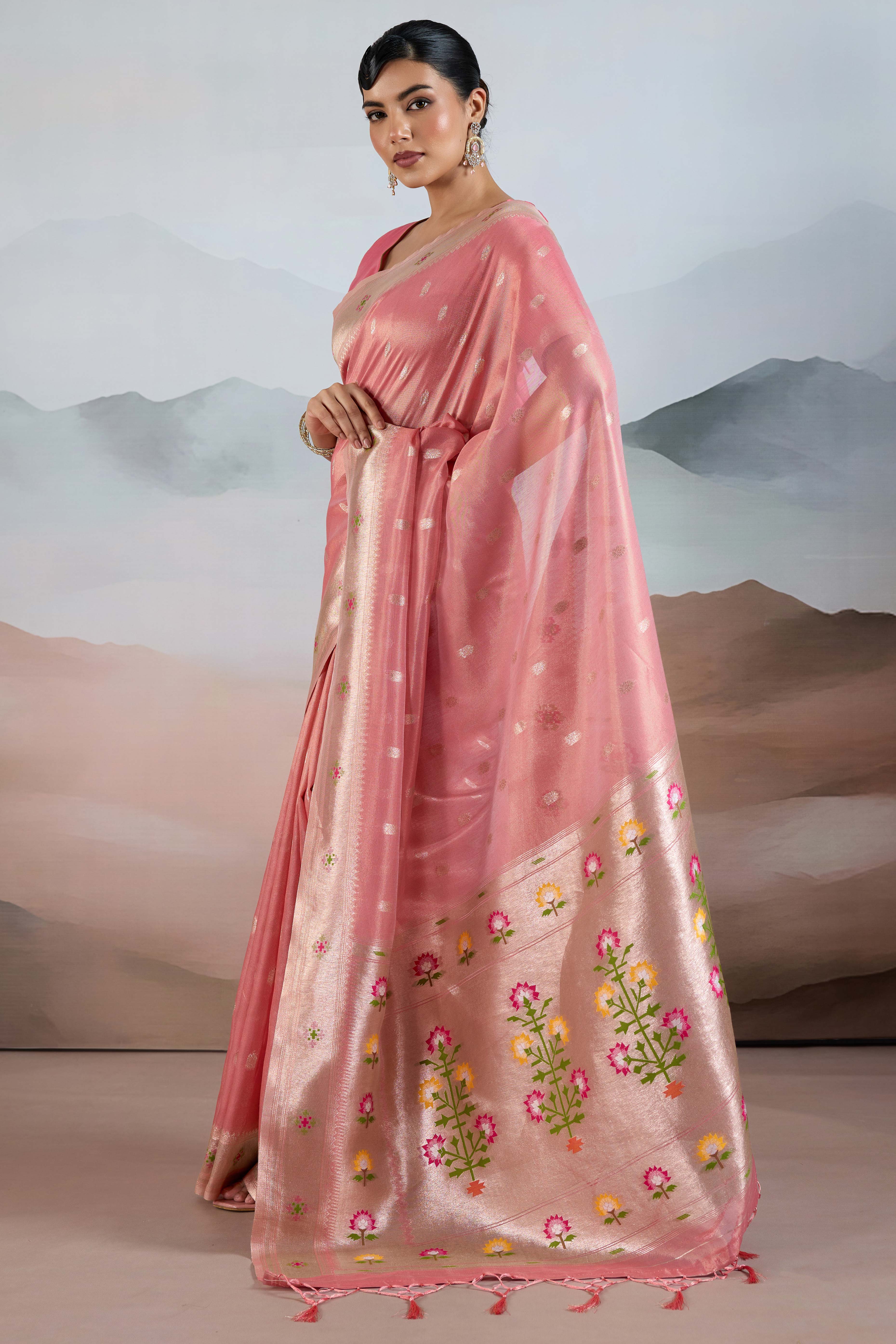 Pink Festive Tissue Saree Crafted with Artistic Zari Butti Weaving and a Featherlight Texture