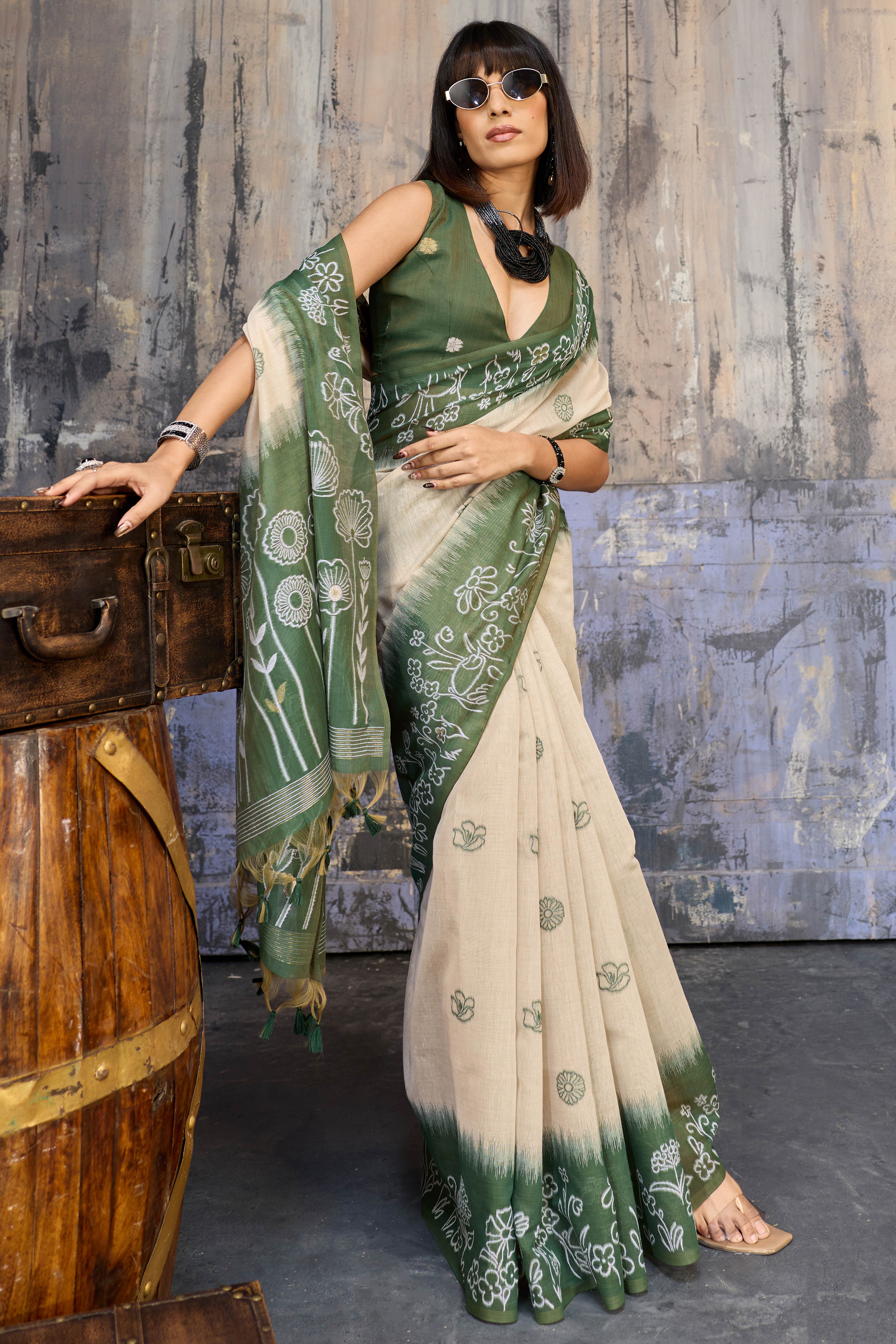 Beige & Green Classic Munga Cotton Blend Saree with Intricate Floral Woven Detailing