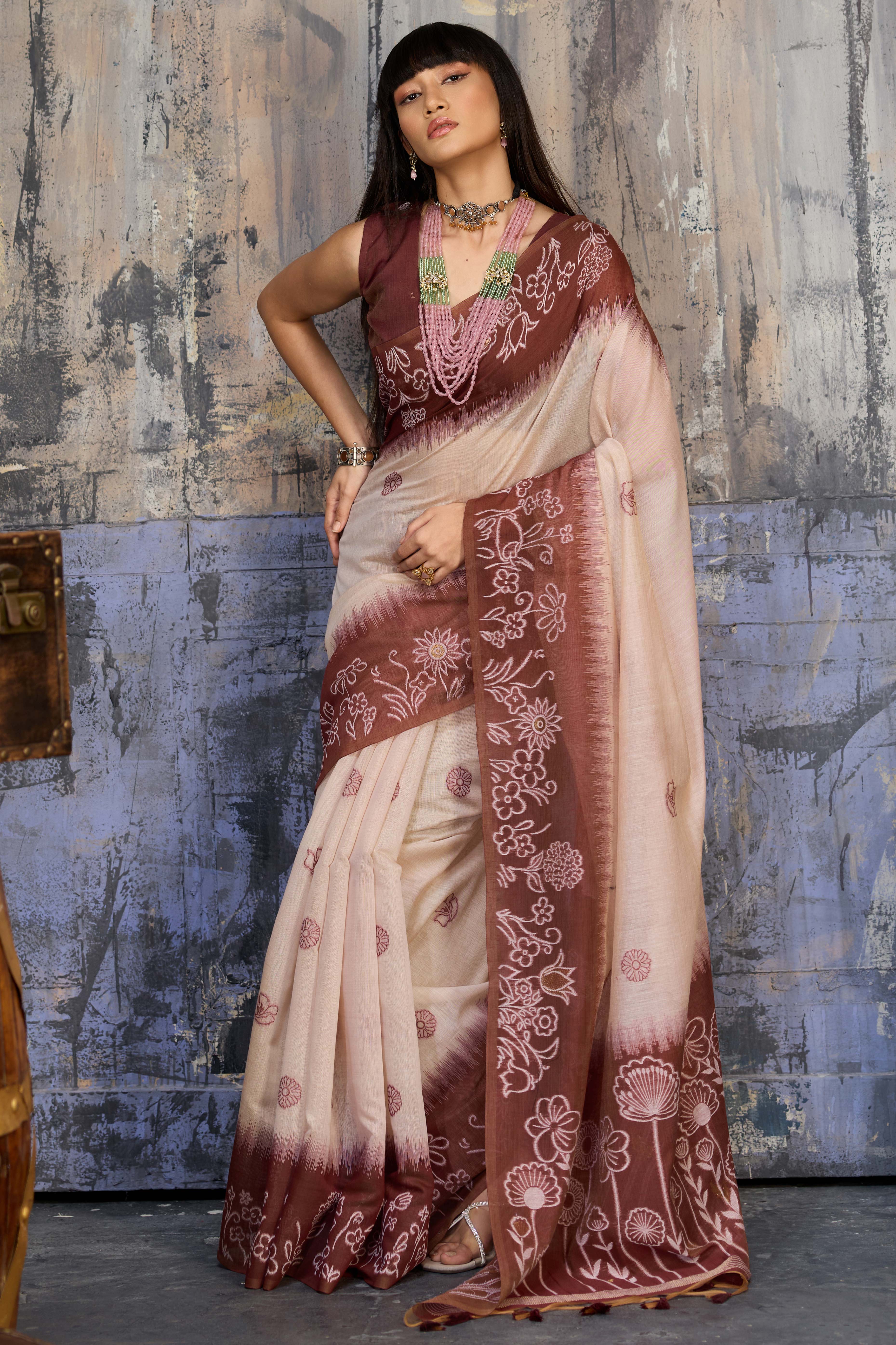 Beige & Brown Classic Munga Cotton Blend Saree with Intricate Floral Woven Detailing