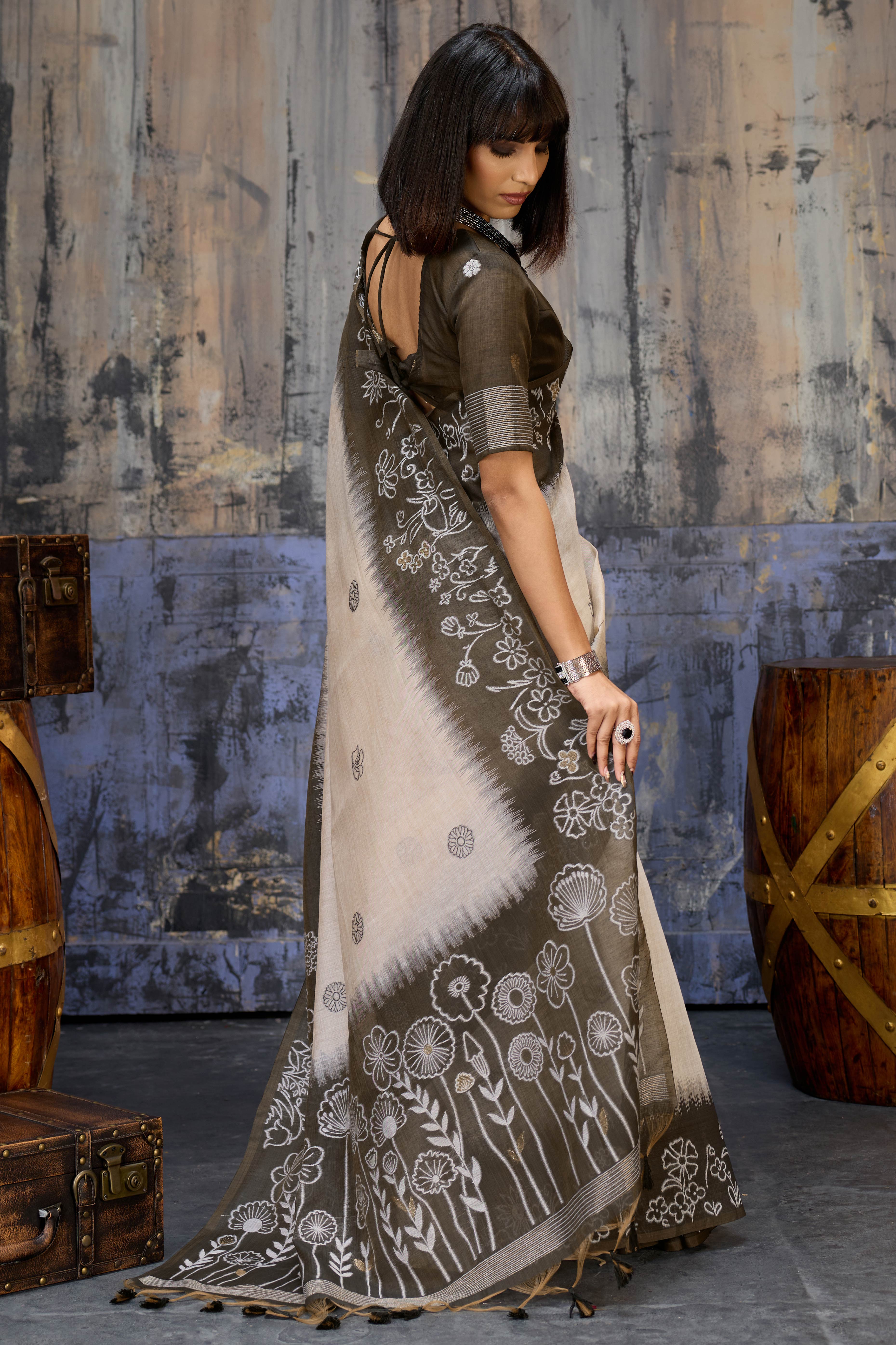 Beige & Dark Brown Classic Munga Cotton Blend Saree with Intricate Floral Woven Detailing