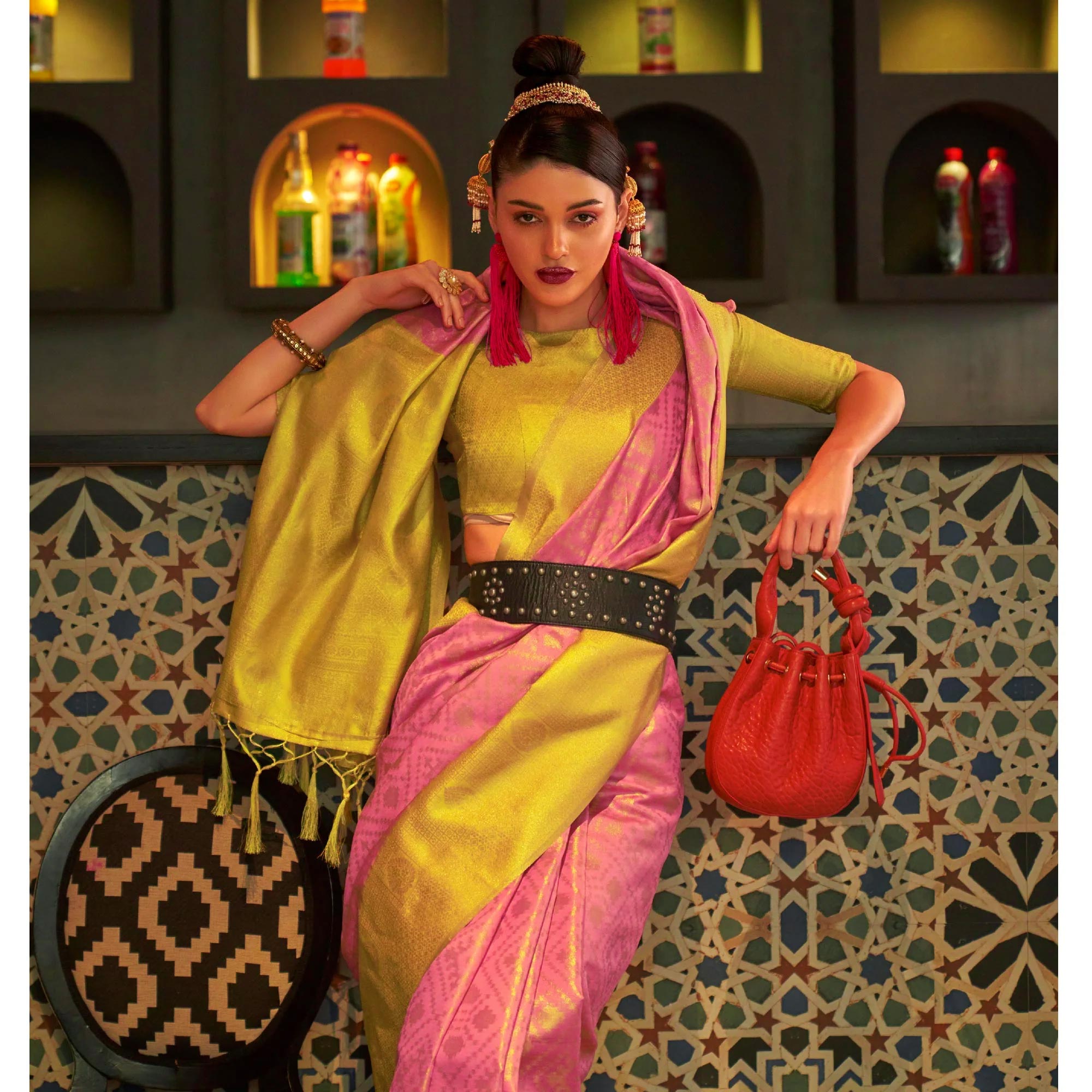 Pink Woven Art Silk Saree With Tassels