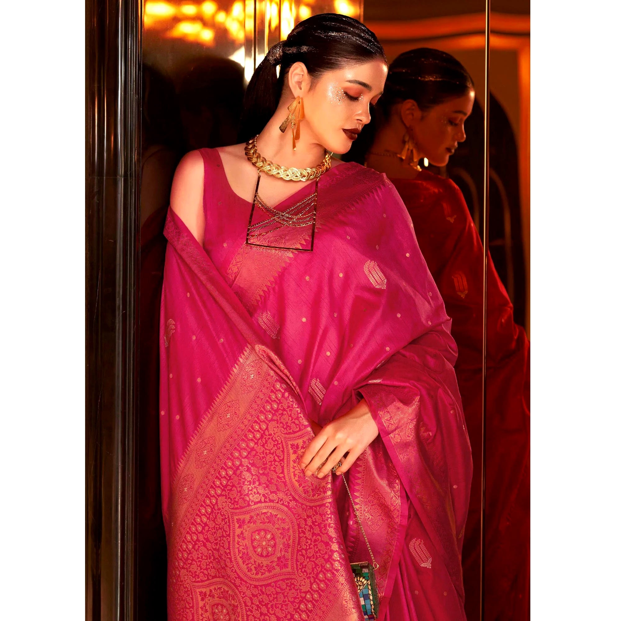 Pink Woven Cotton Silk Saree With Tassels