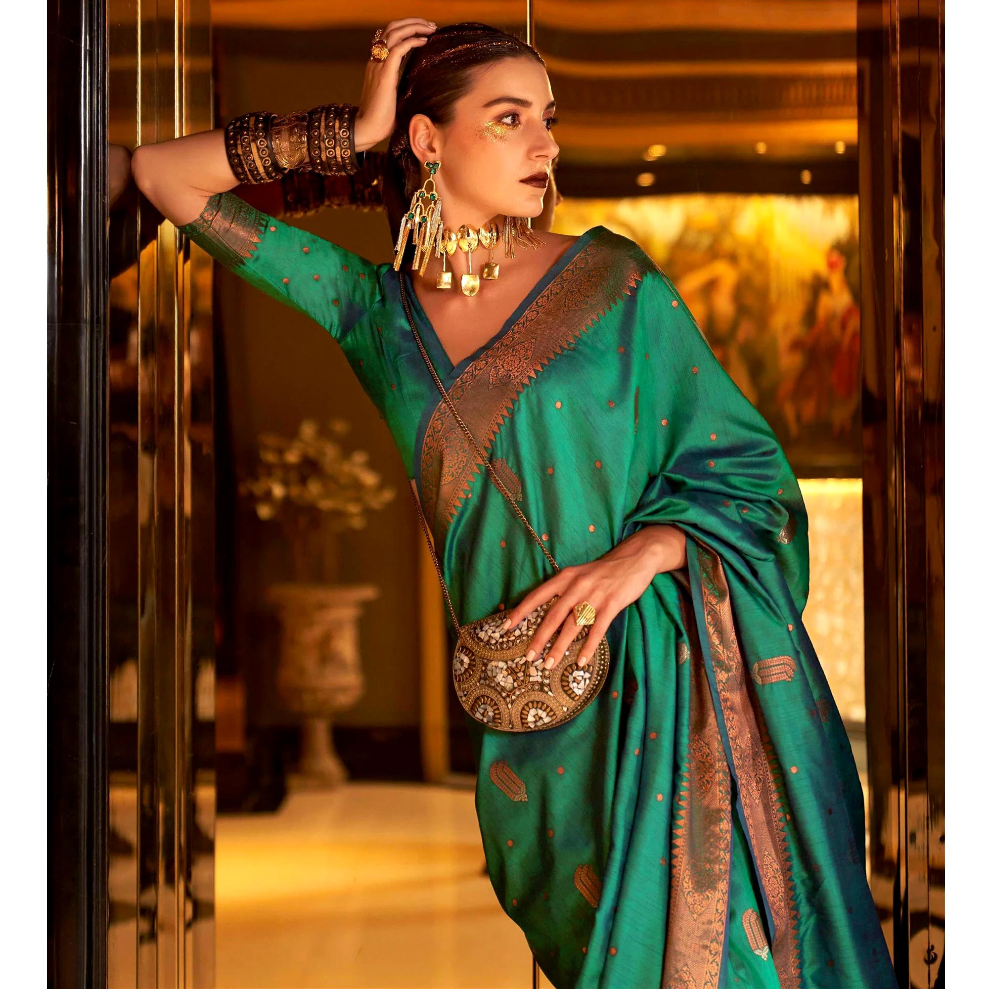 Green Woven Cotton Silk Saree With Tassels