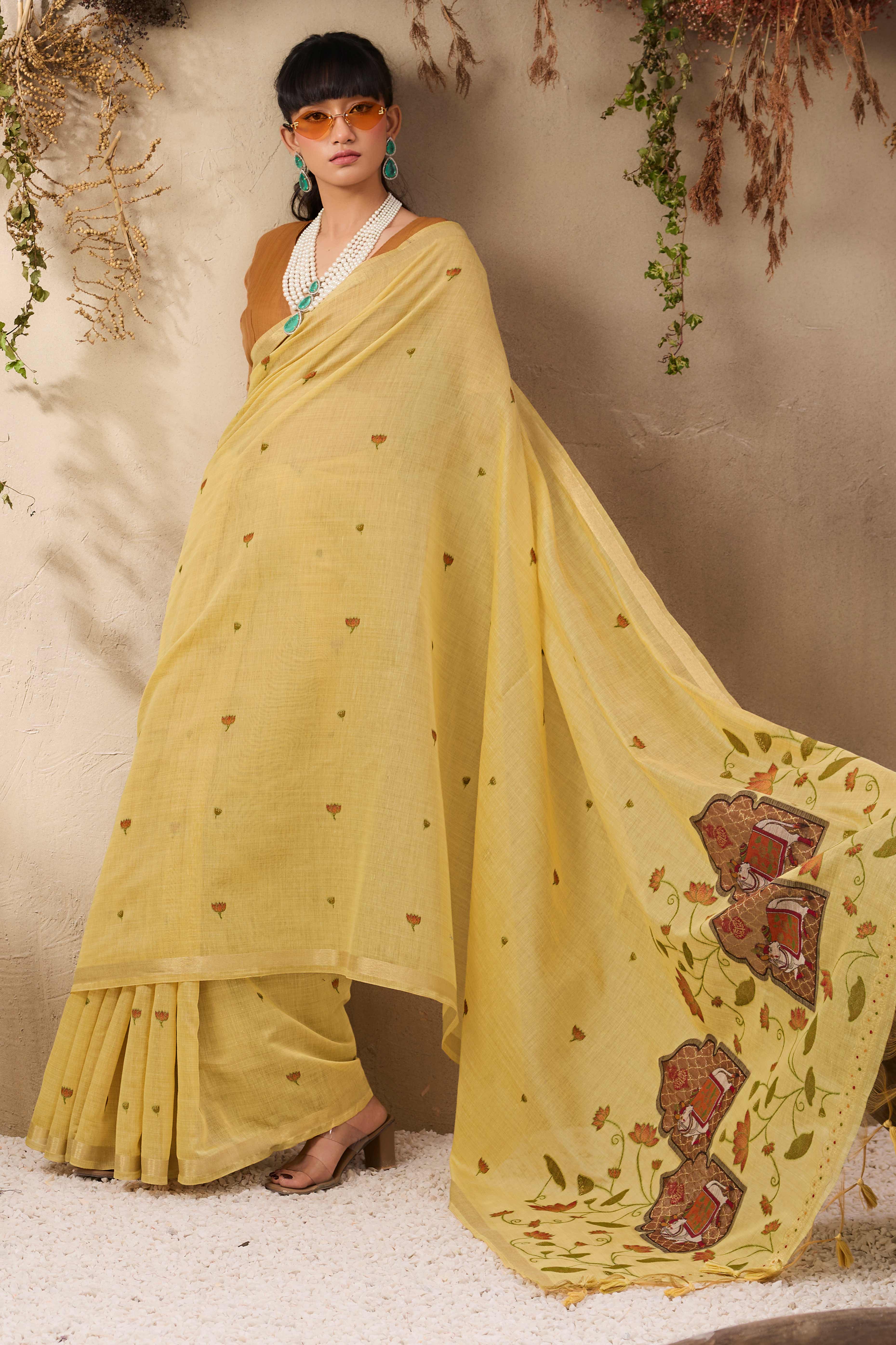 Yellow Lightweight Handloom Munga Cotton Blend Saree Accented with Floral Woven Motifs