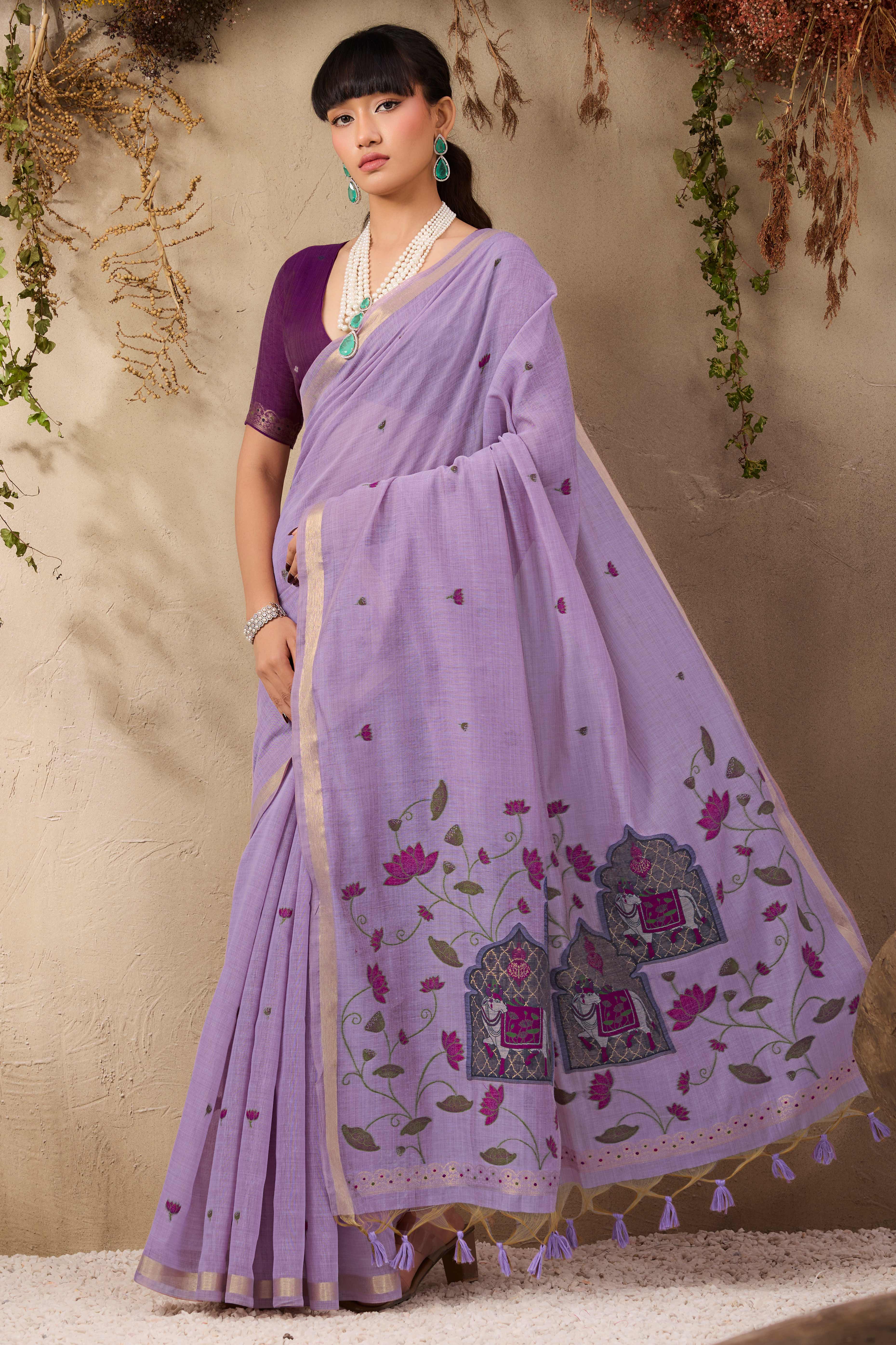 Purple Lightweight Handloom Munga Cotton Blend Saree Accented with Floral Woven Motifs