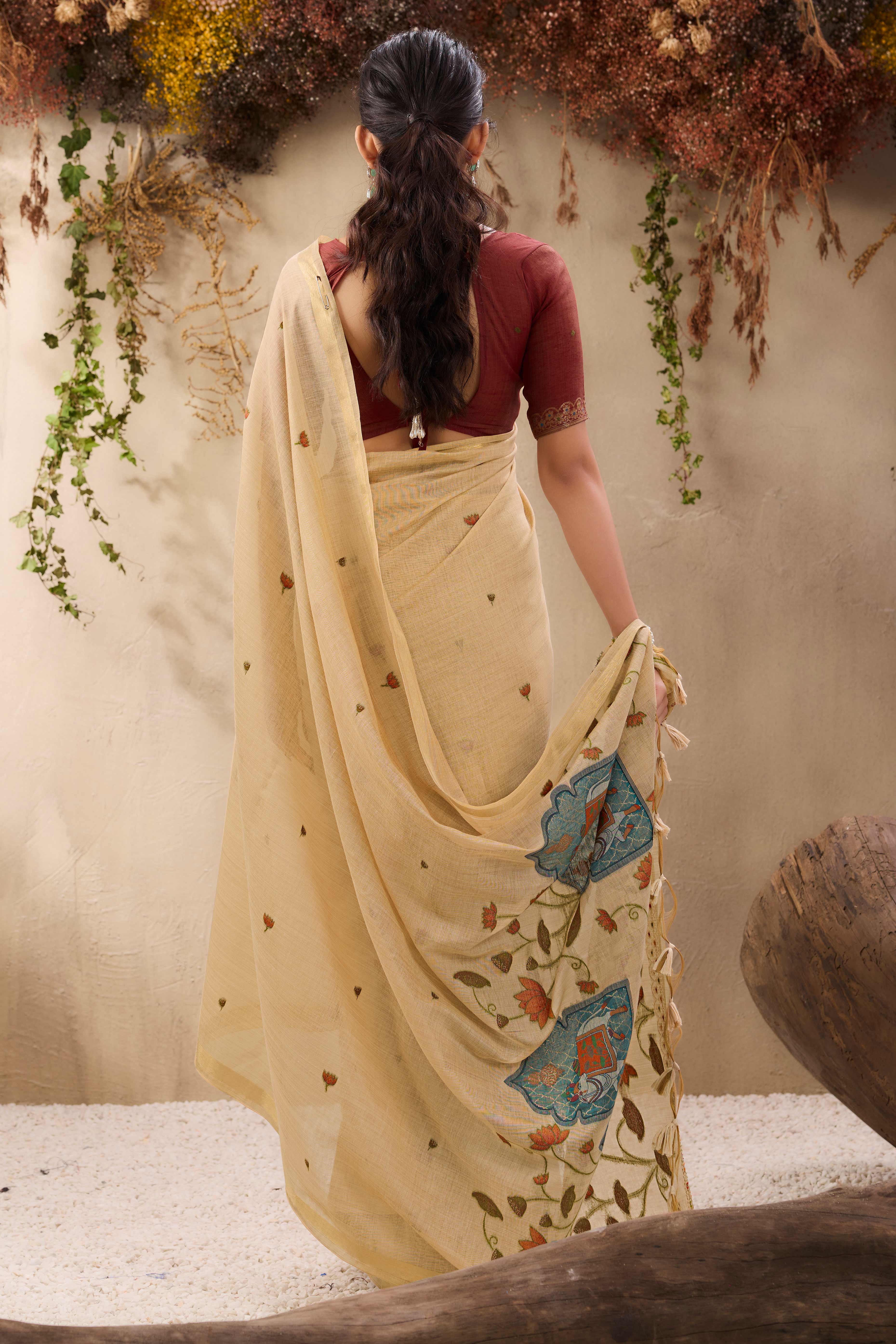 Beige Lightweight Handloom Munga Cotton Blend Saree Accented with Floral Woven Motifs