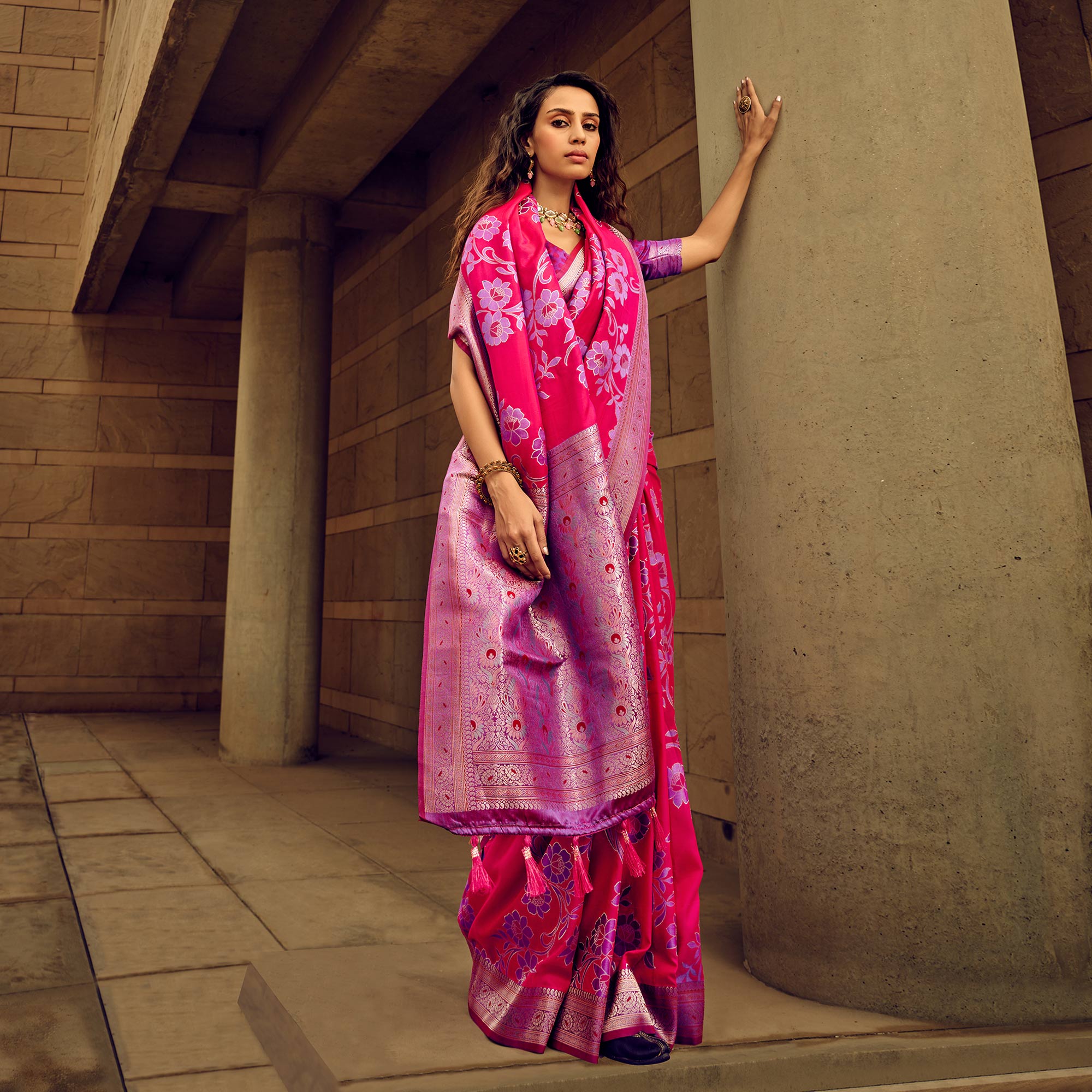 Pink Floral Woven Satin Saree With Tassels