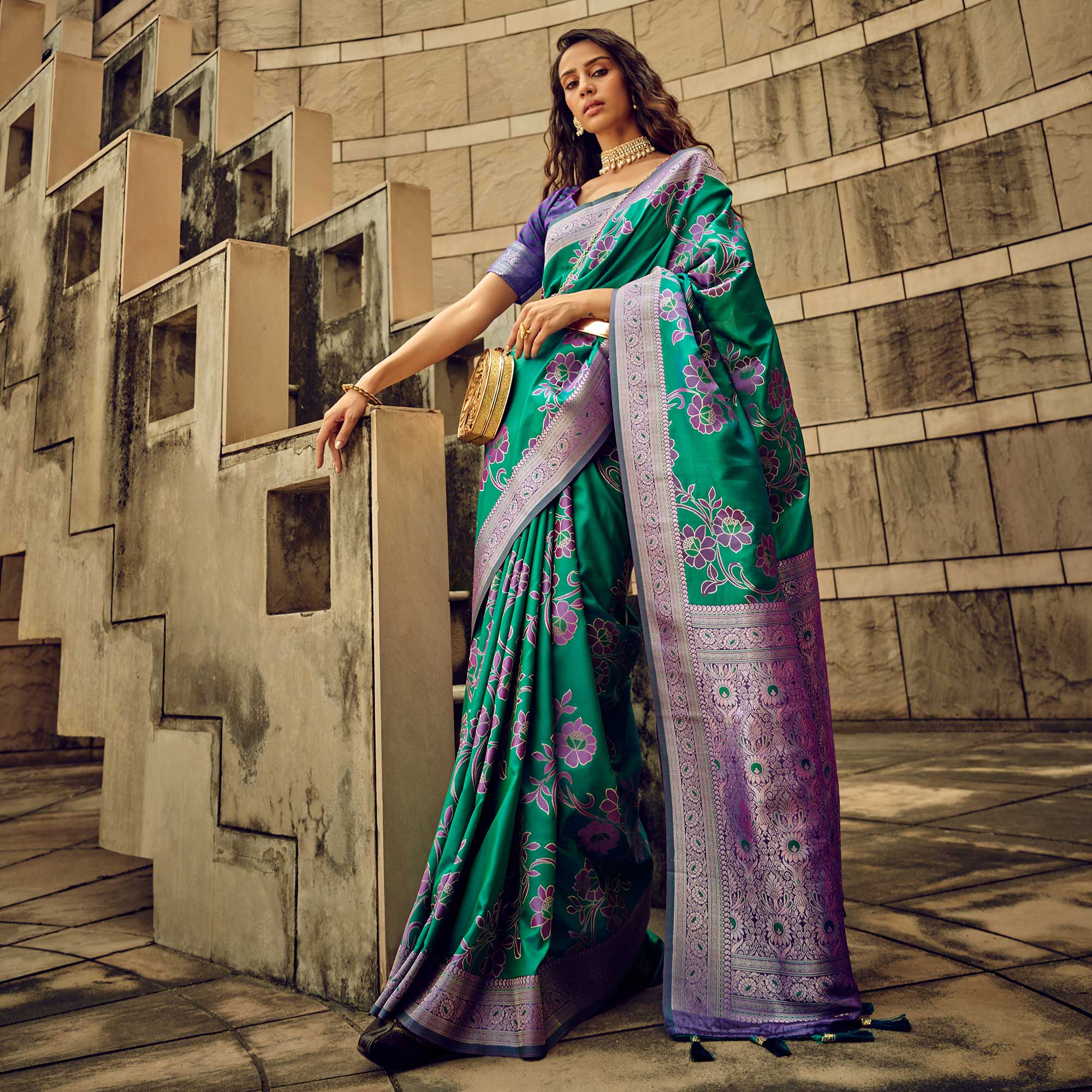 Green Floral Woven Satin Saree With Tassels