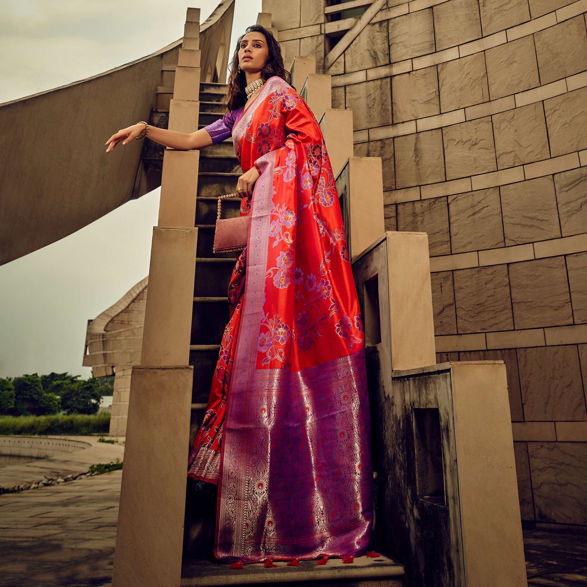 Red Floral Woven Satin Saree With Tassels