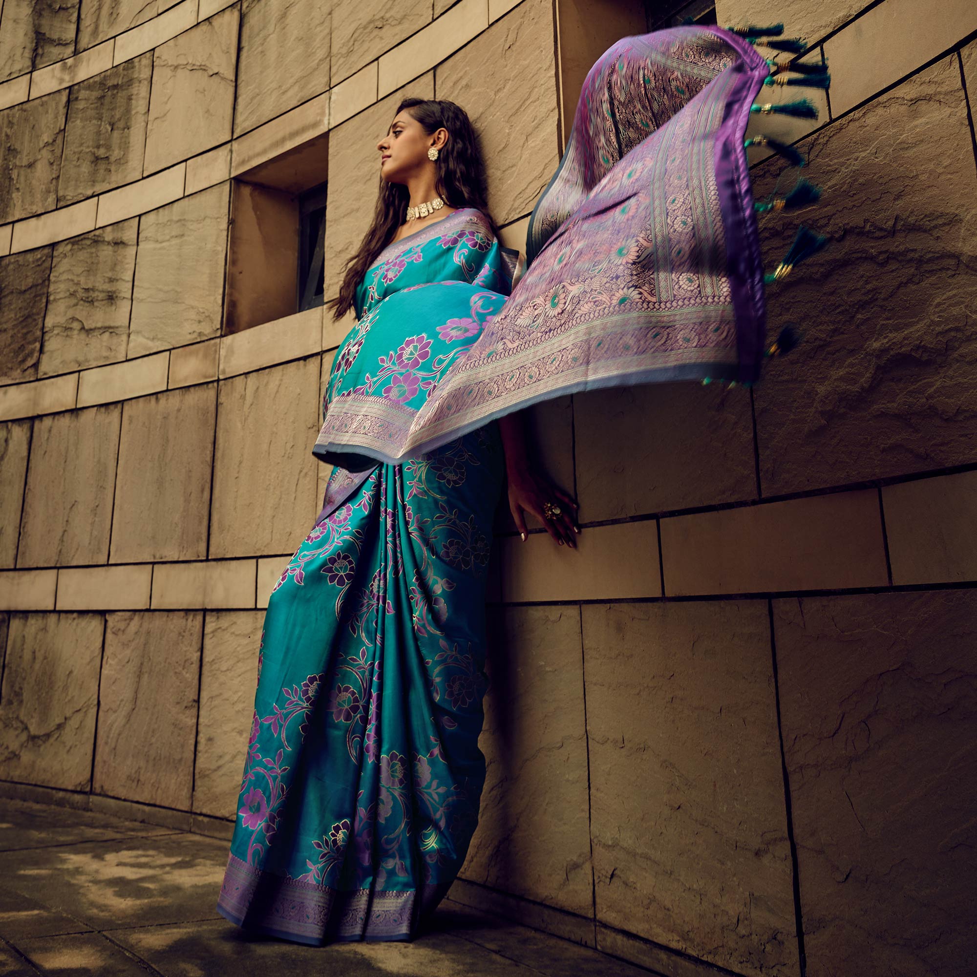 Rama Blue Floral Woven Satin Saree With Tassels