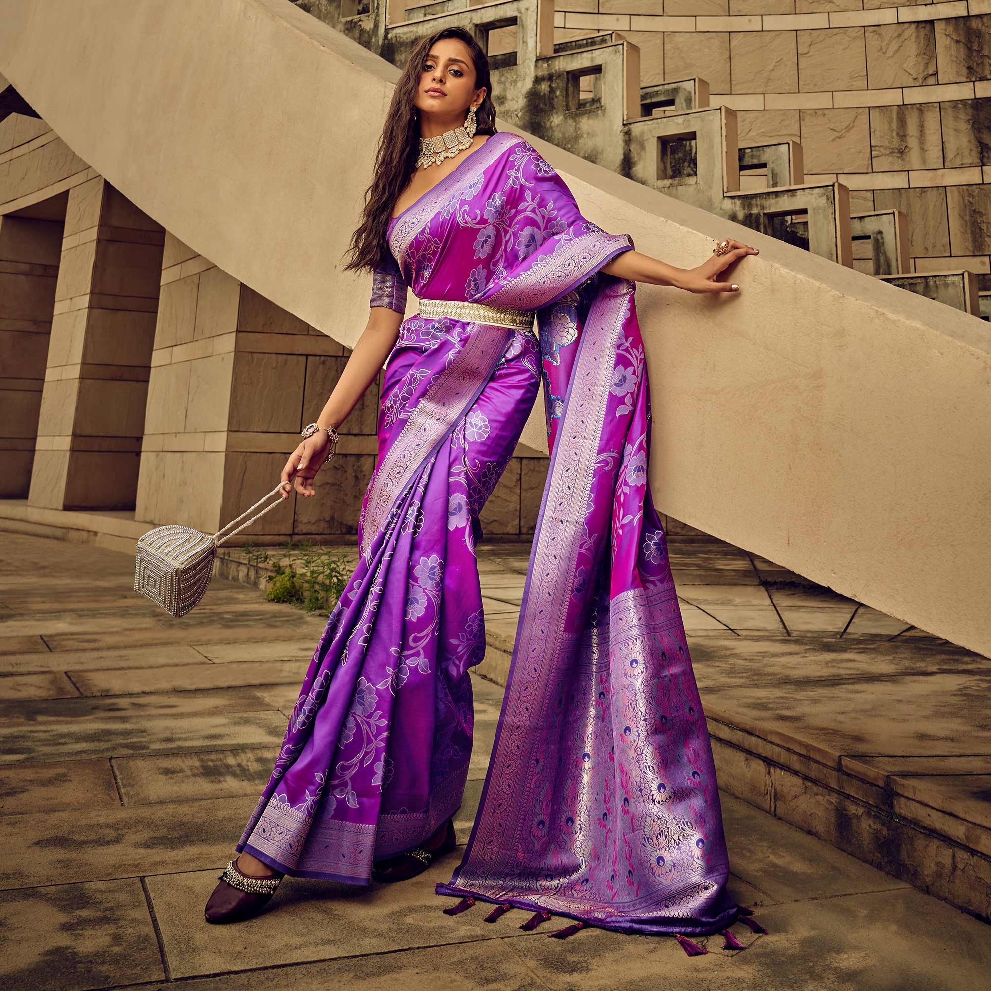 Purple Floral Woven Satin Saree With Tassels