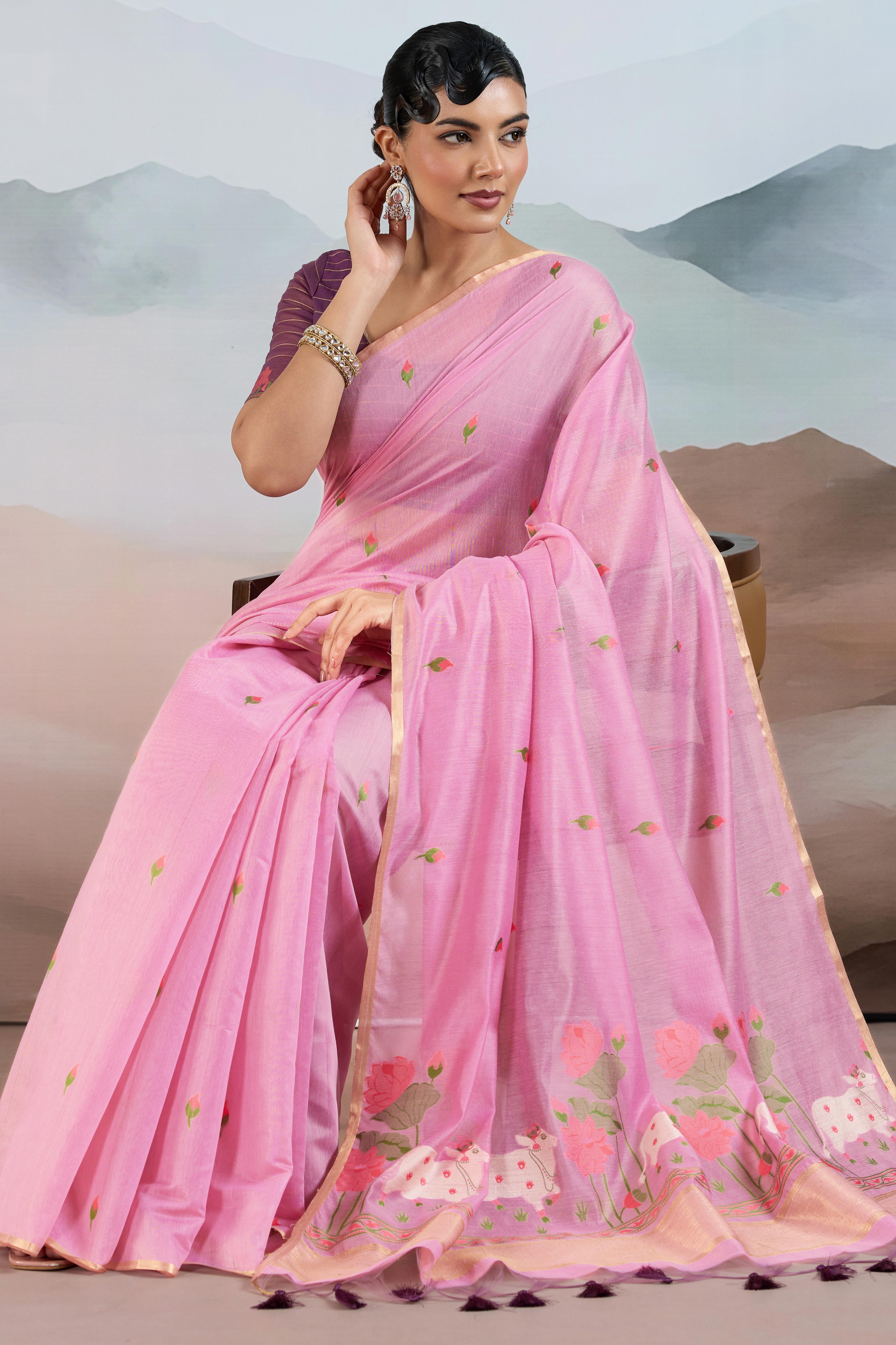 Trendy Pink Cotton Blend Weaving Saree Showcasing Floral & Animal Motif & Classic Tassel Pallu