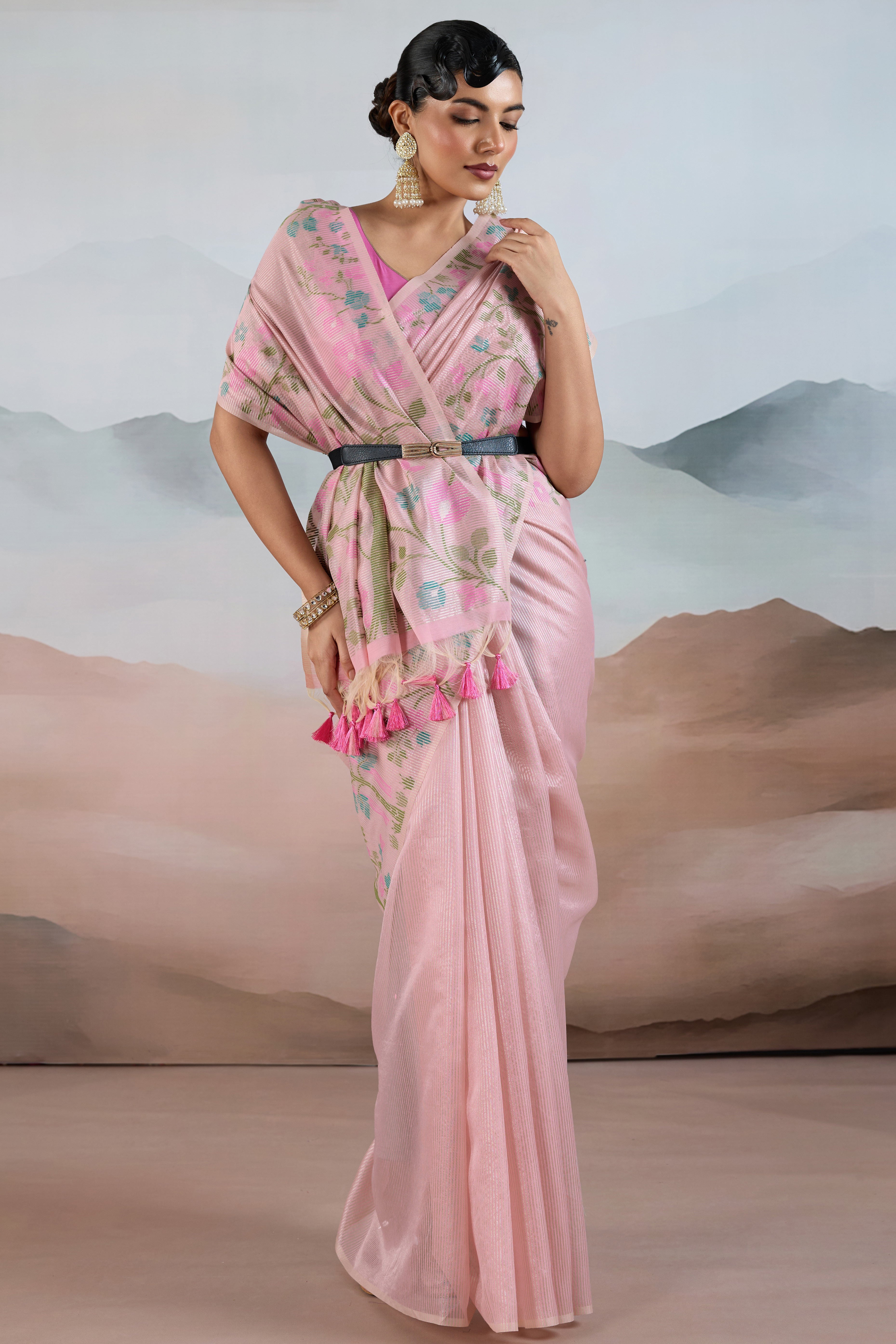 Pink Tissue Silk Saree Showcasing Floral & Striped Weaving With Tassel Adornment