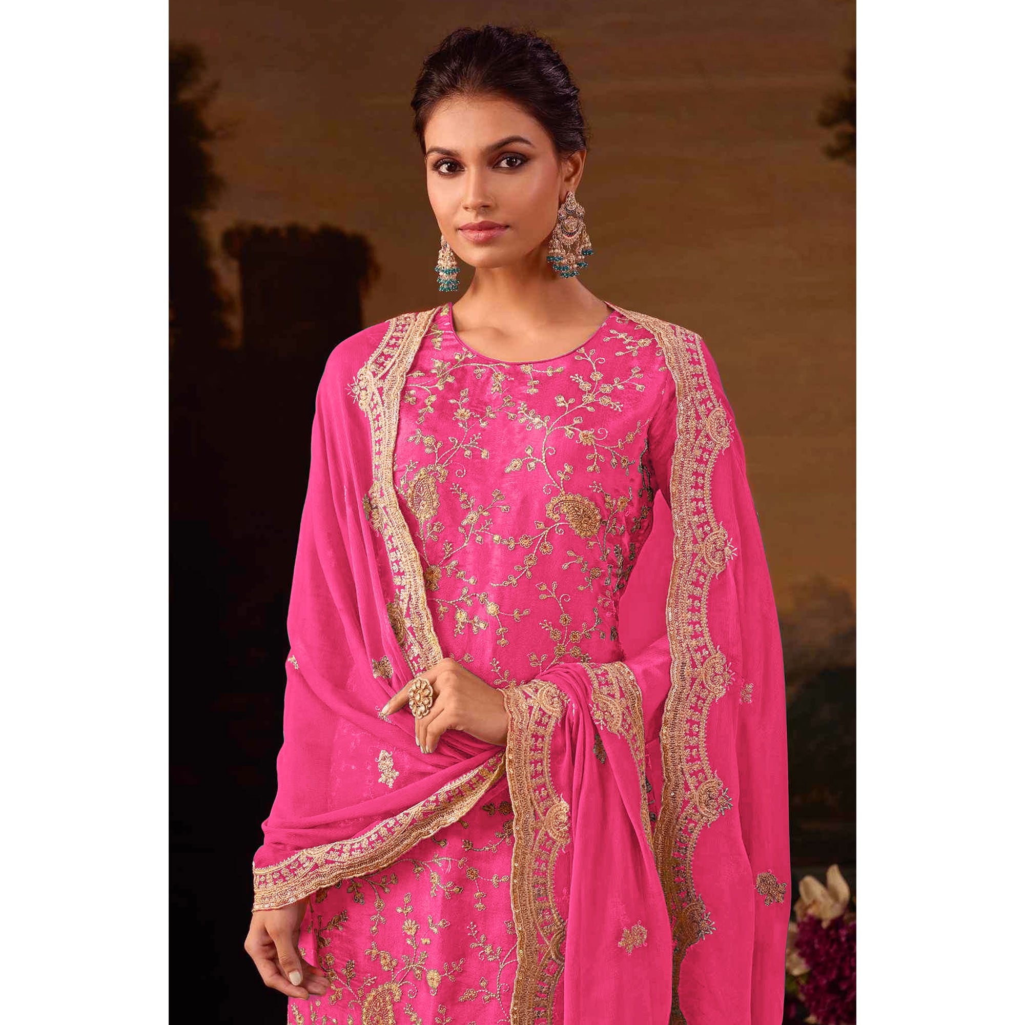 Pink Floral Sequins Embroidered Georgette Semi Stitched Salwar Suit