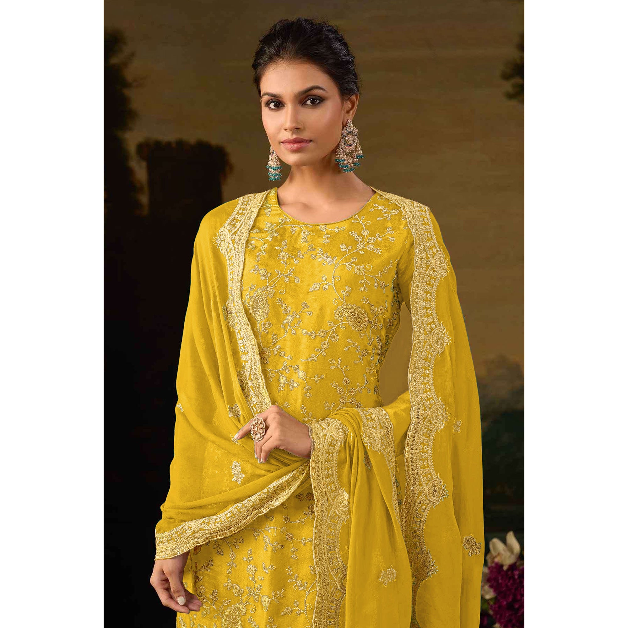 Yellow Floral Sequins Embroidered Georgette Semi Stitched Salwar Suit