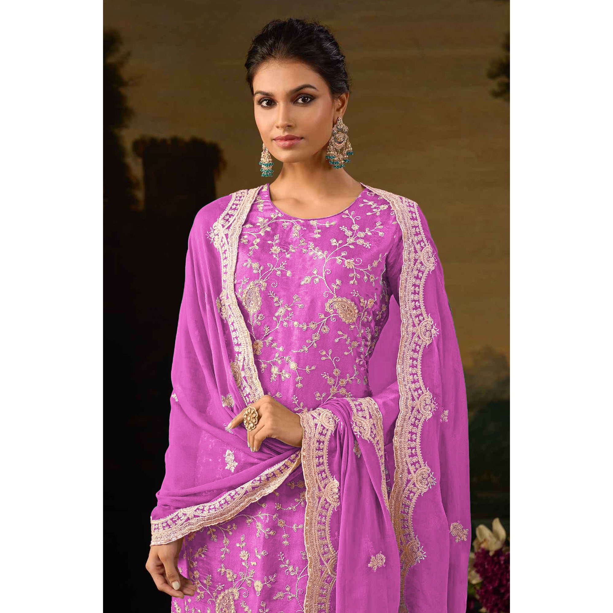 Purple Floral Sequins Embroidered Georgette Semi Stitched Salwar Suit