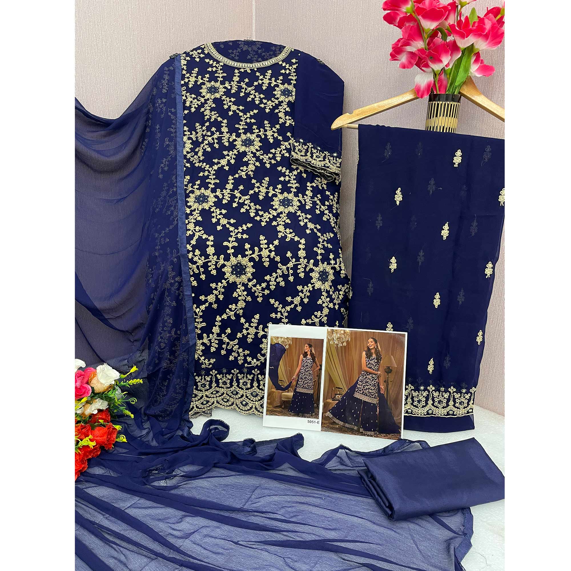 Blue Sequins Embroidered Georgette Semi Stitched Sharara Suit