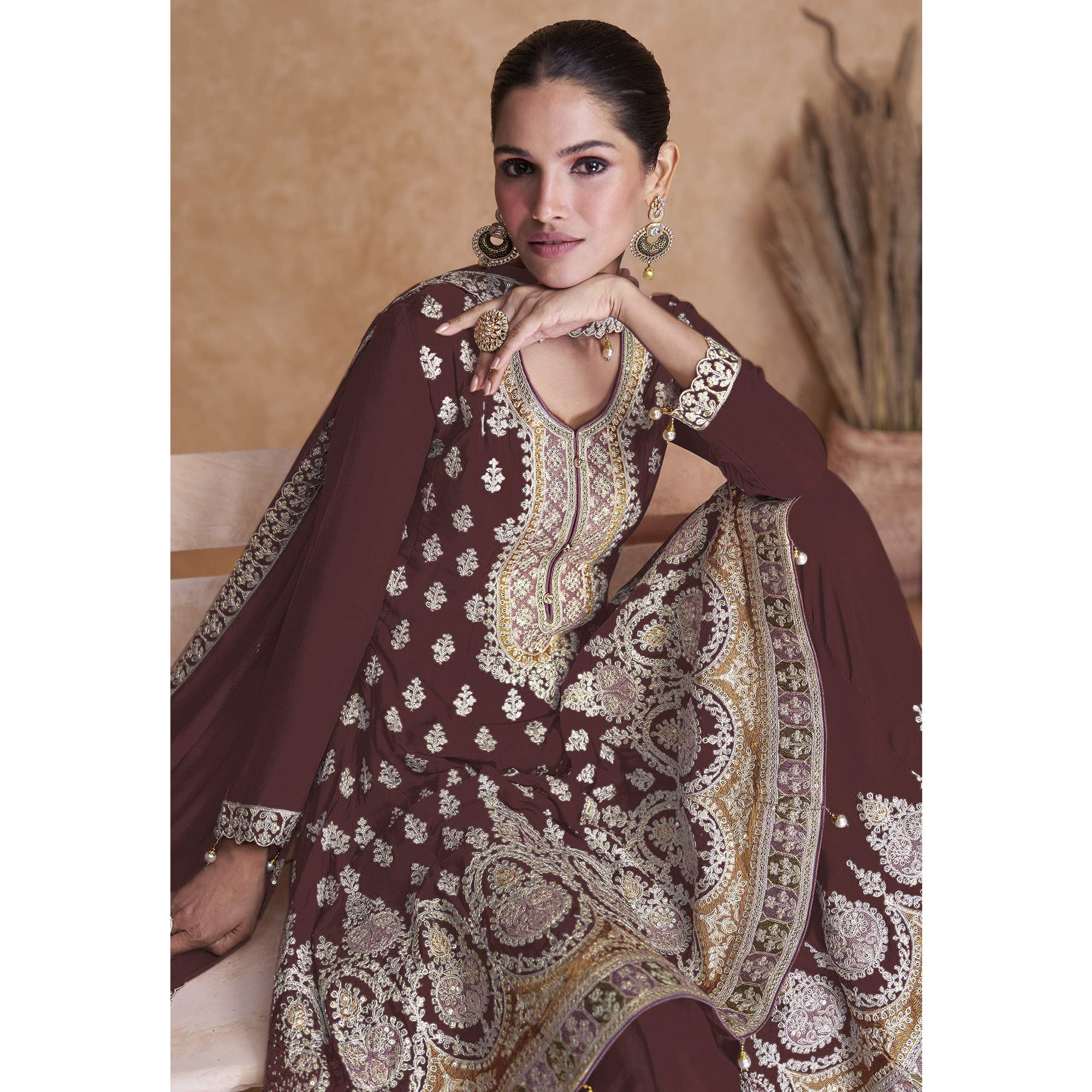 Brown Sequins Embroidered Georgette Semi Stitched Sharara Suit