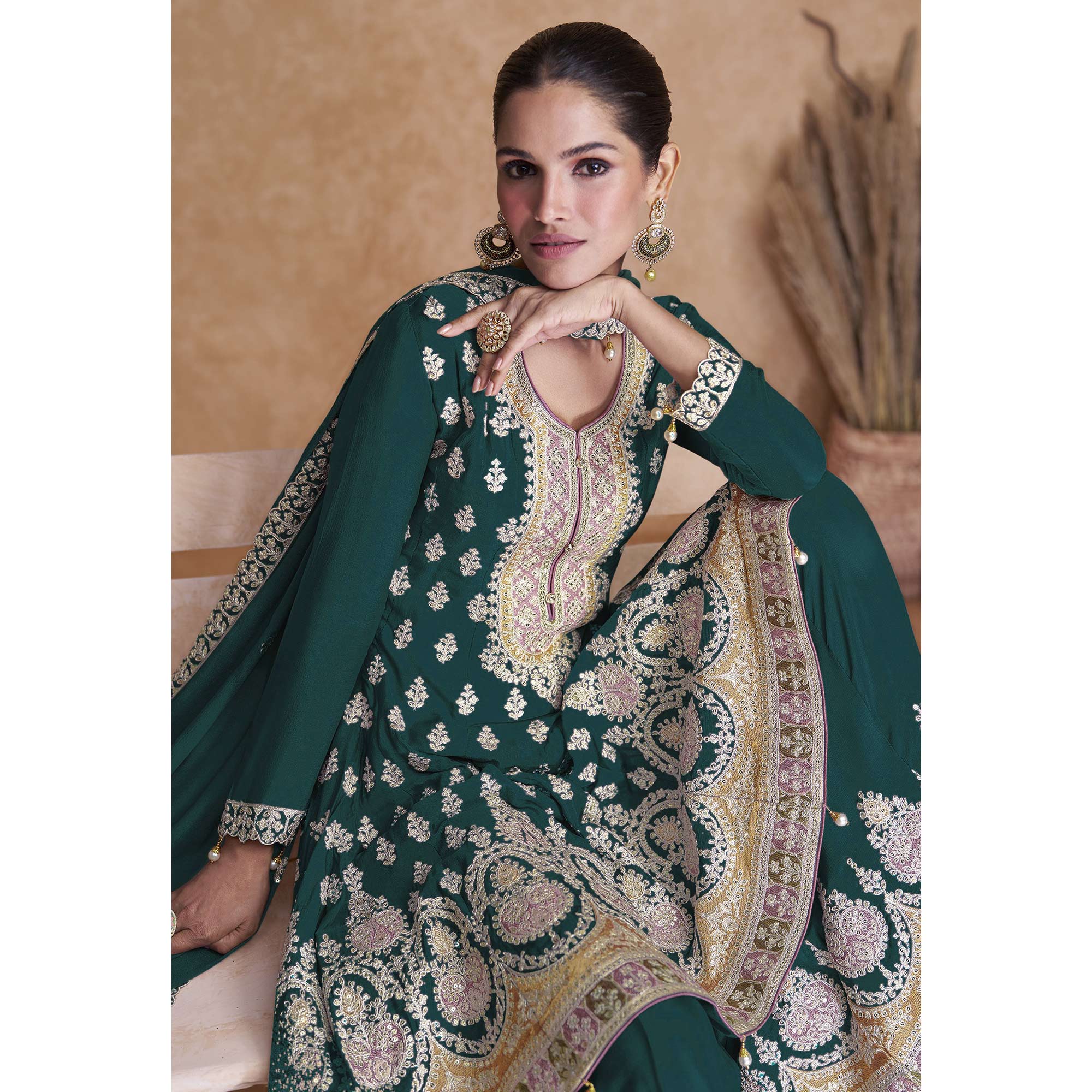 Green Sequins Embroidered Georgette Semi Stitched Sharara Suit