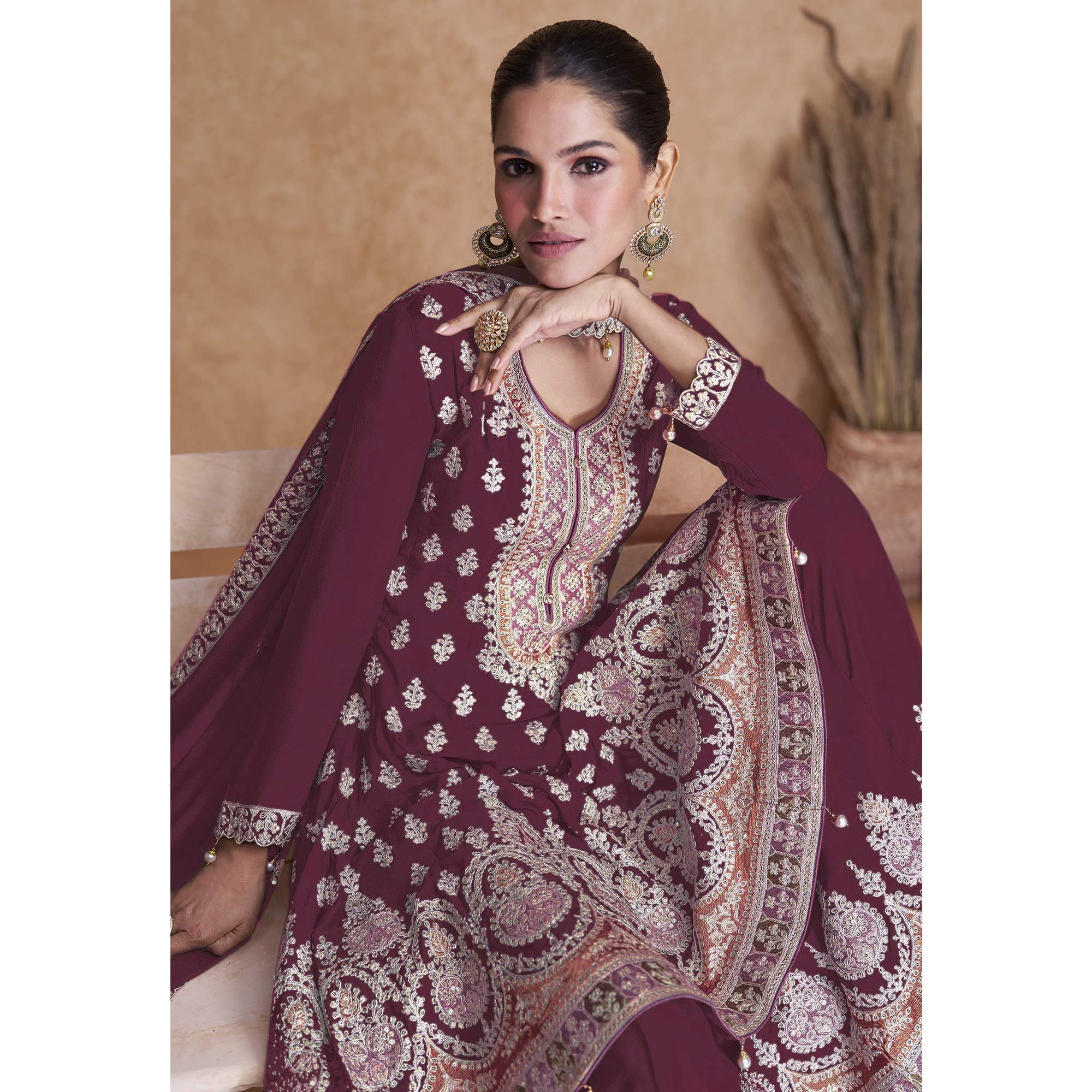 Maroon Sequins Embroidered Georgette Semi Stitched Sharara Suit