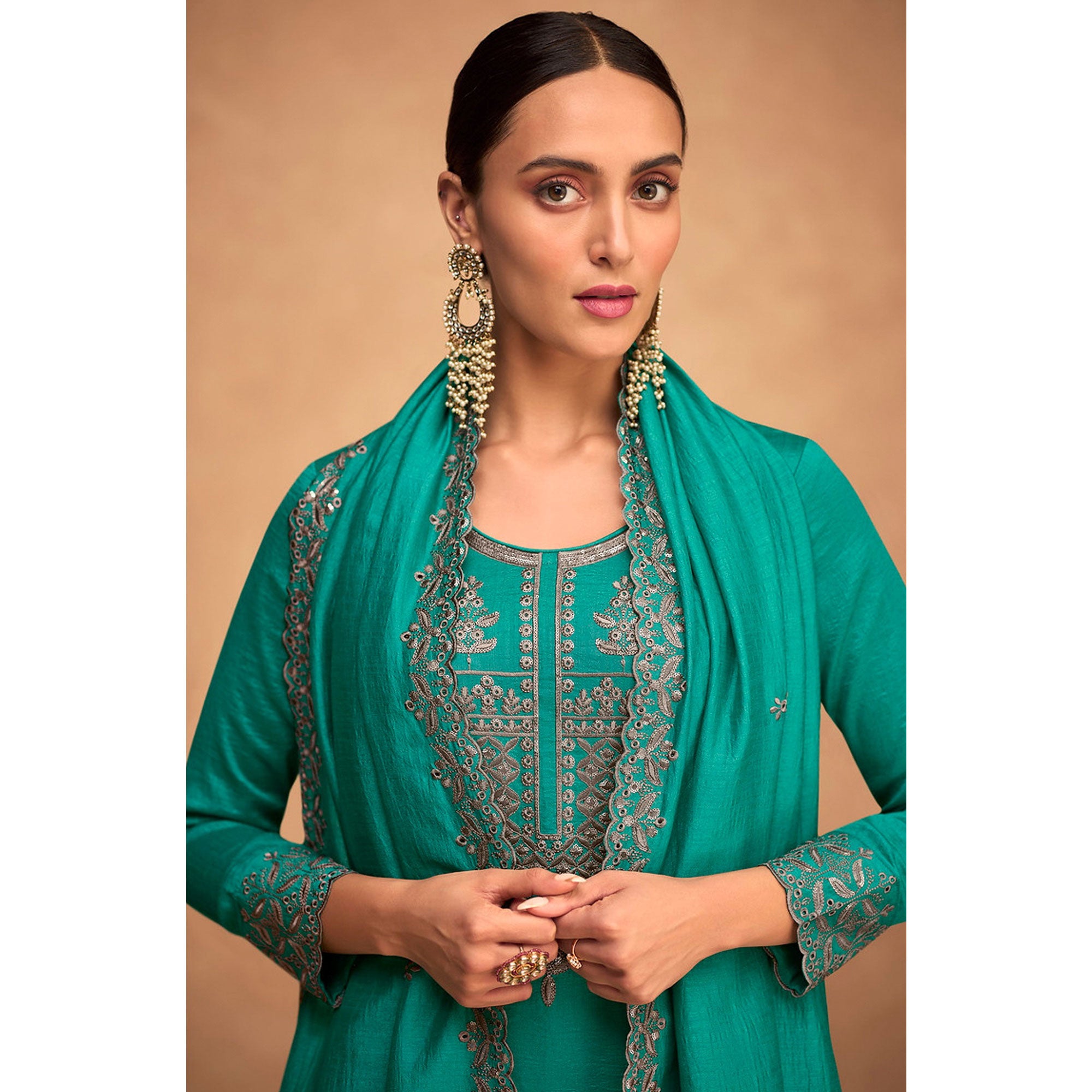 Rama Blue Sequins Embroidered Art Silk Semi Stitched Suit