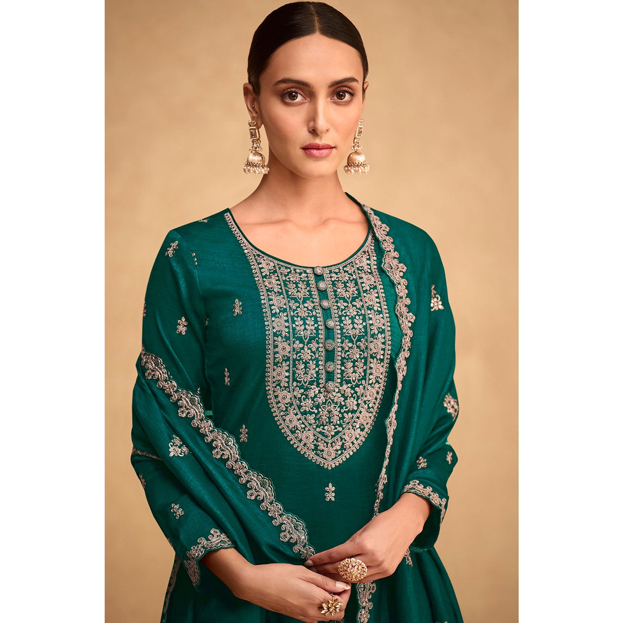 Green Sequins Embroidered Art Silk Semi Stitched Suit