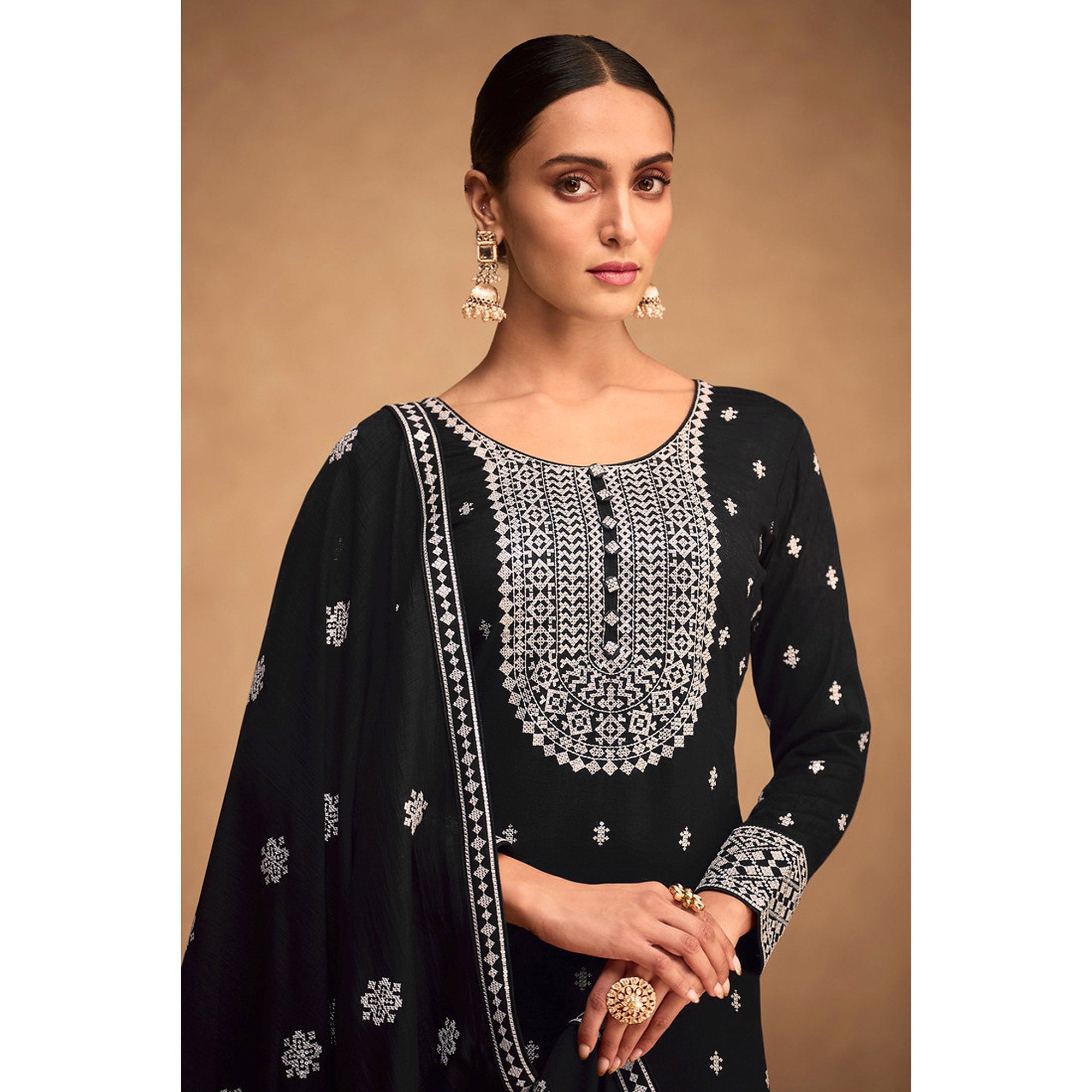 Black Sequins Embroidered Art Silk Semi Stitched Suit
