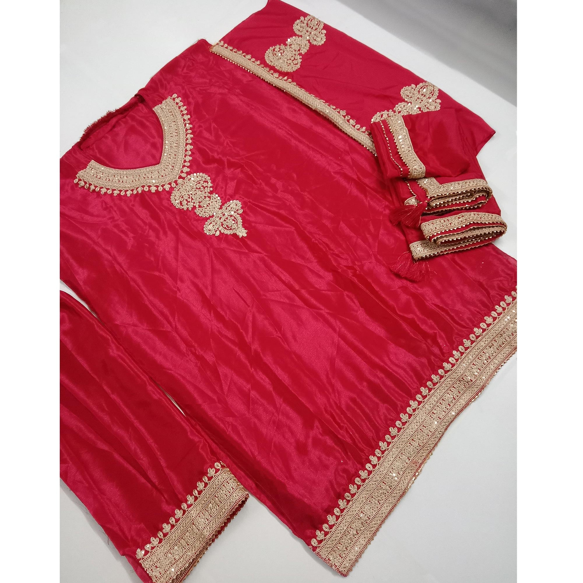 Cherry Red Sequins Floral Embroidered Chinon Semi-Stitched Salwar Suit