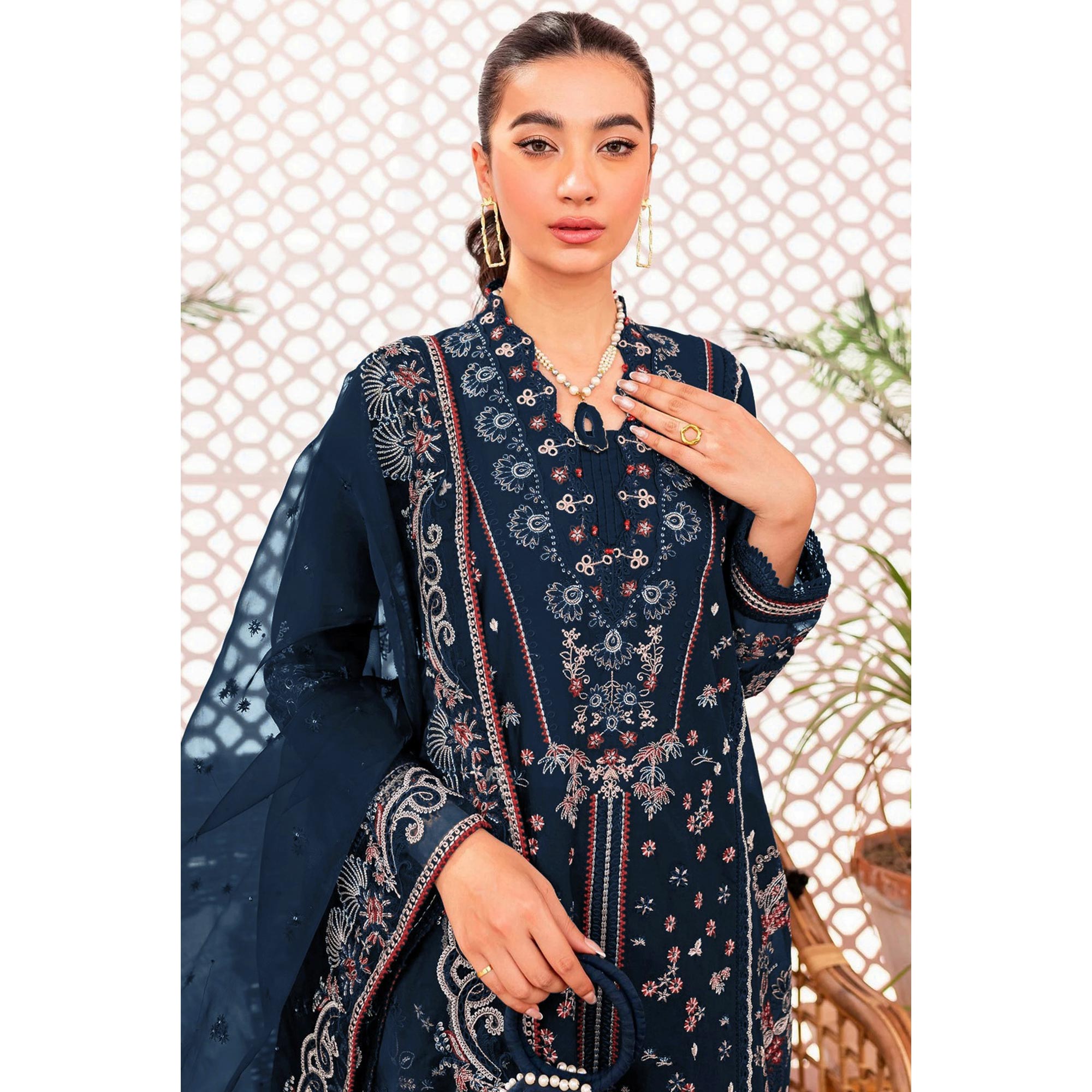 Blue Floral Embroidered Georgette Semi Stitched Suit