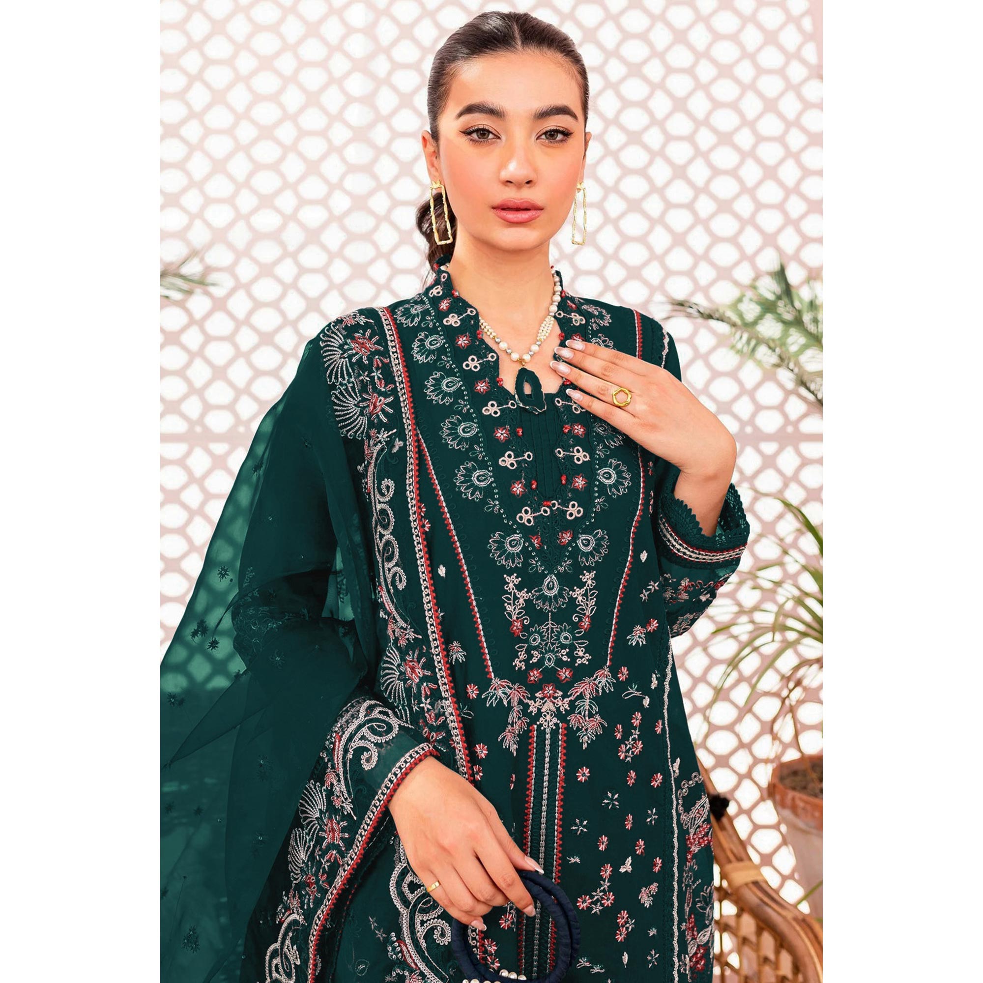 Bottle Green Floral Embroidered Georgette Semi Stitched Suit
