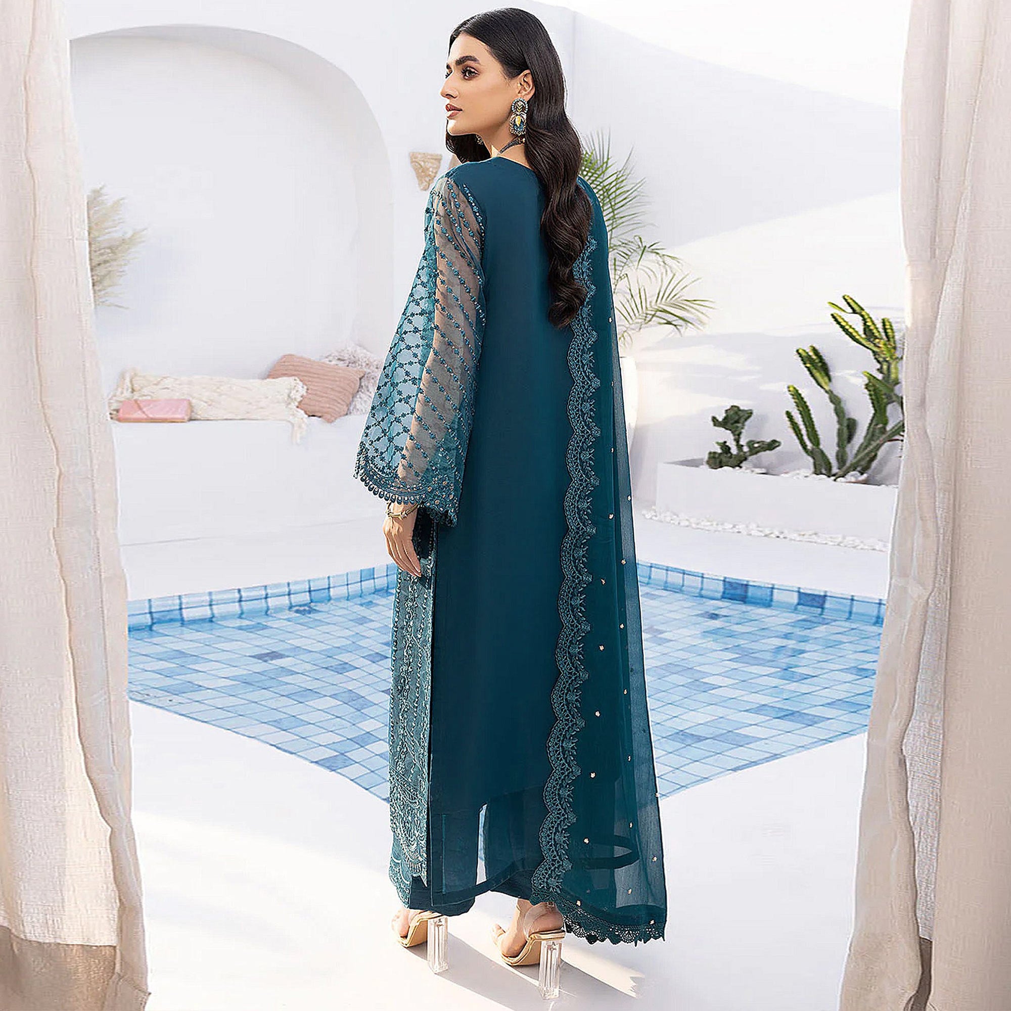 Teal Blue Floral Embroidered Organza Semi Stitched Suit