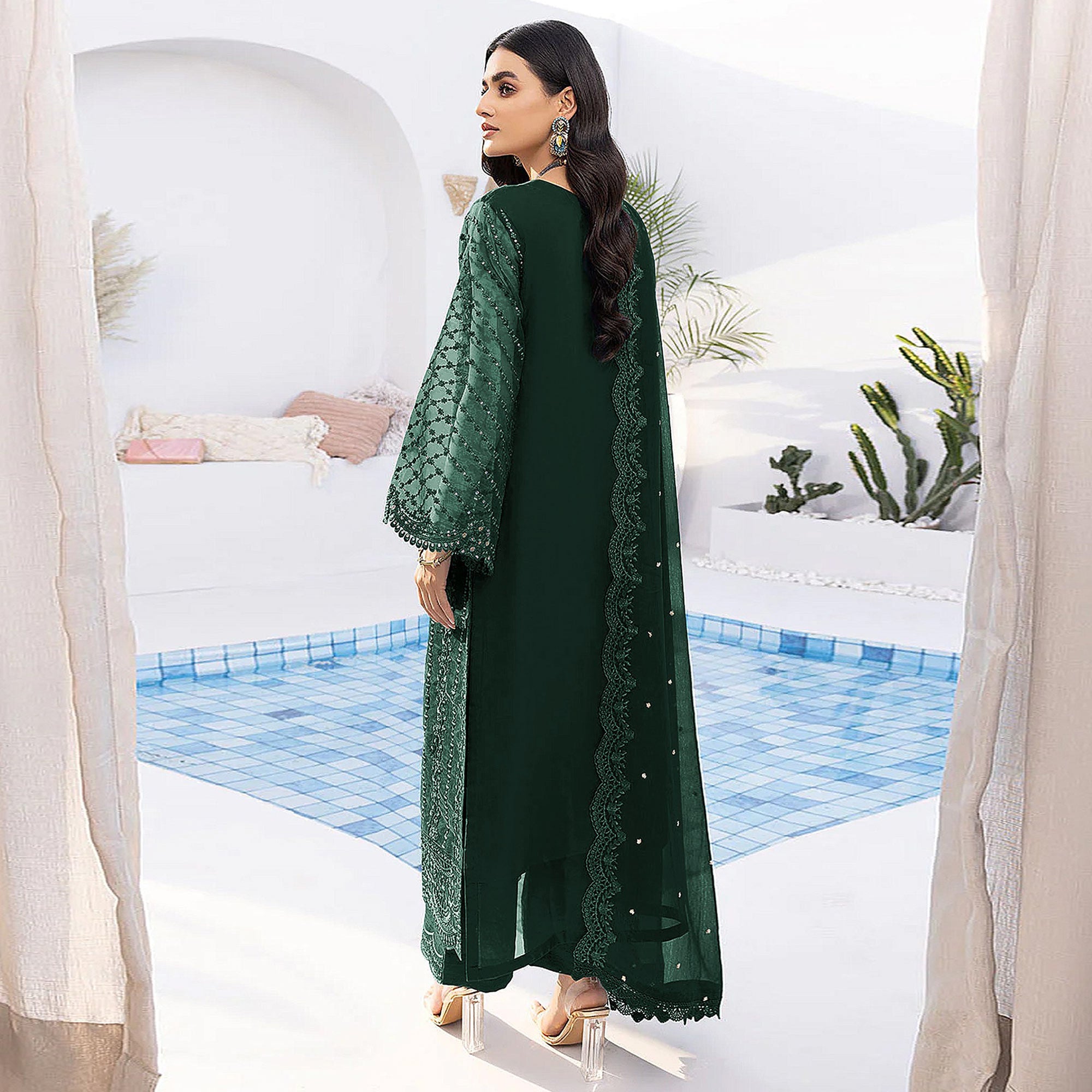 Bottle Green Floral Embroidered Organza Semi Stitched Suit