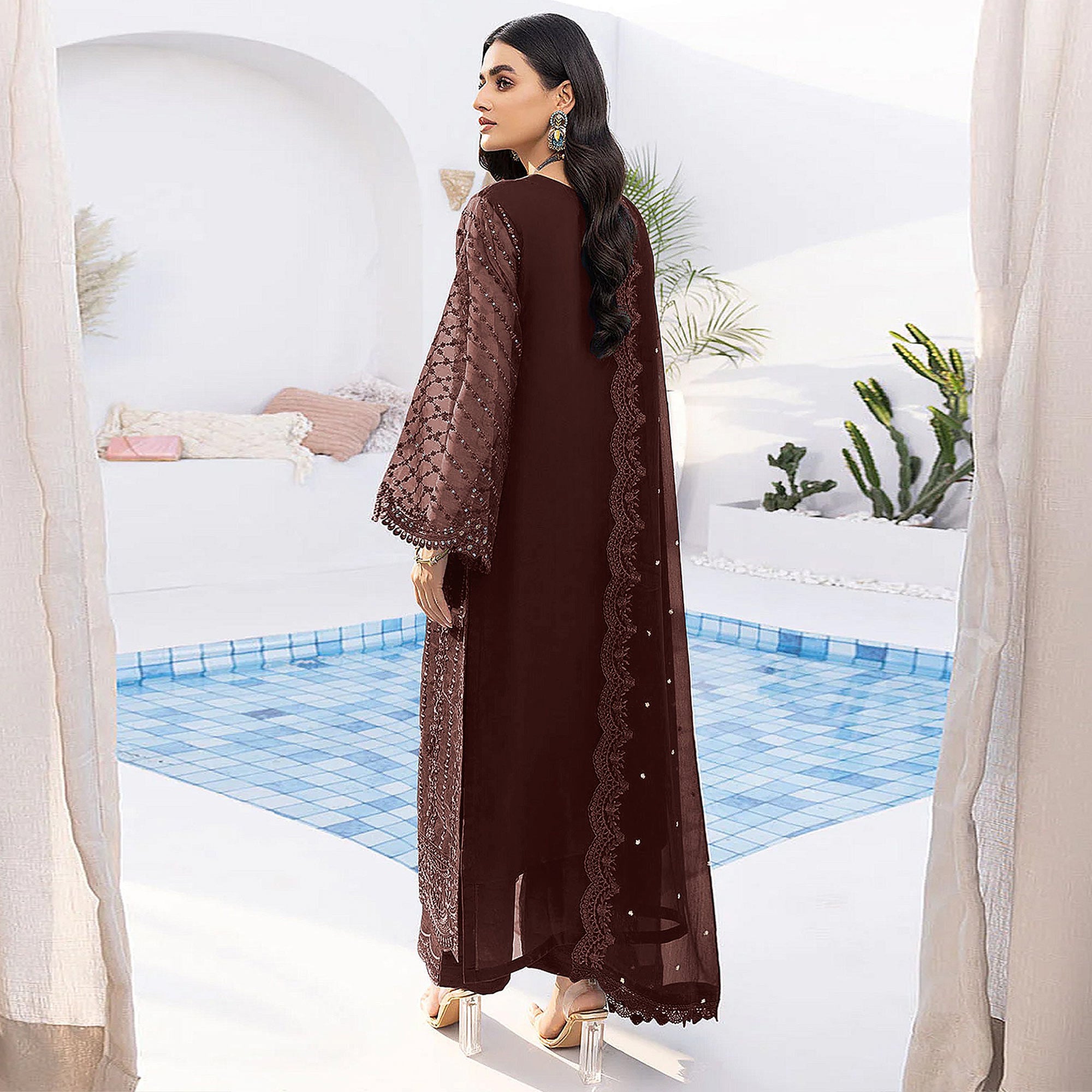 Brown Floral Embroidered Organza Semi Stitched Suit