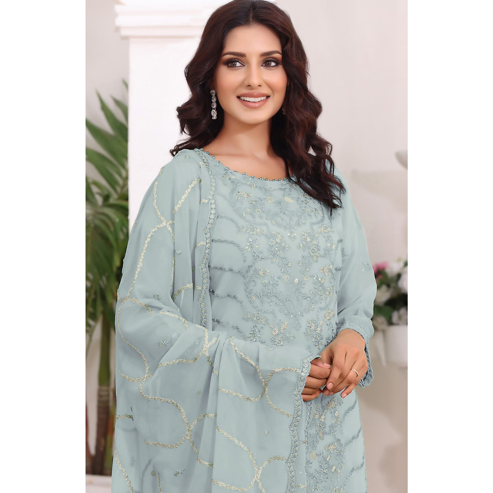 Sky Blue Embroidered Georgette Pakistani Semi Stitched Dress Material