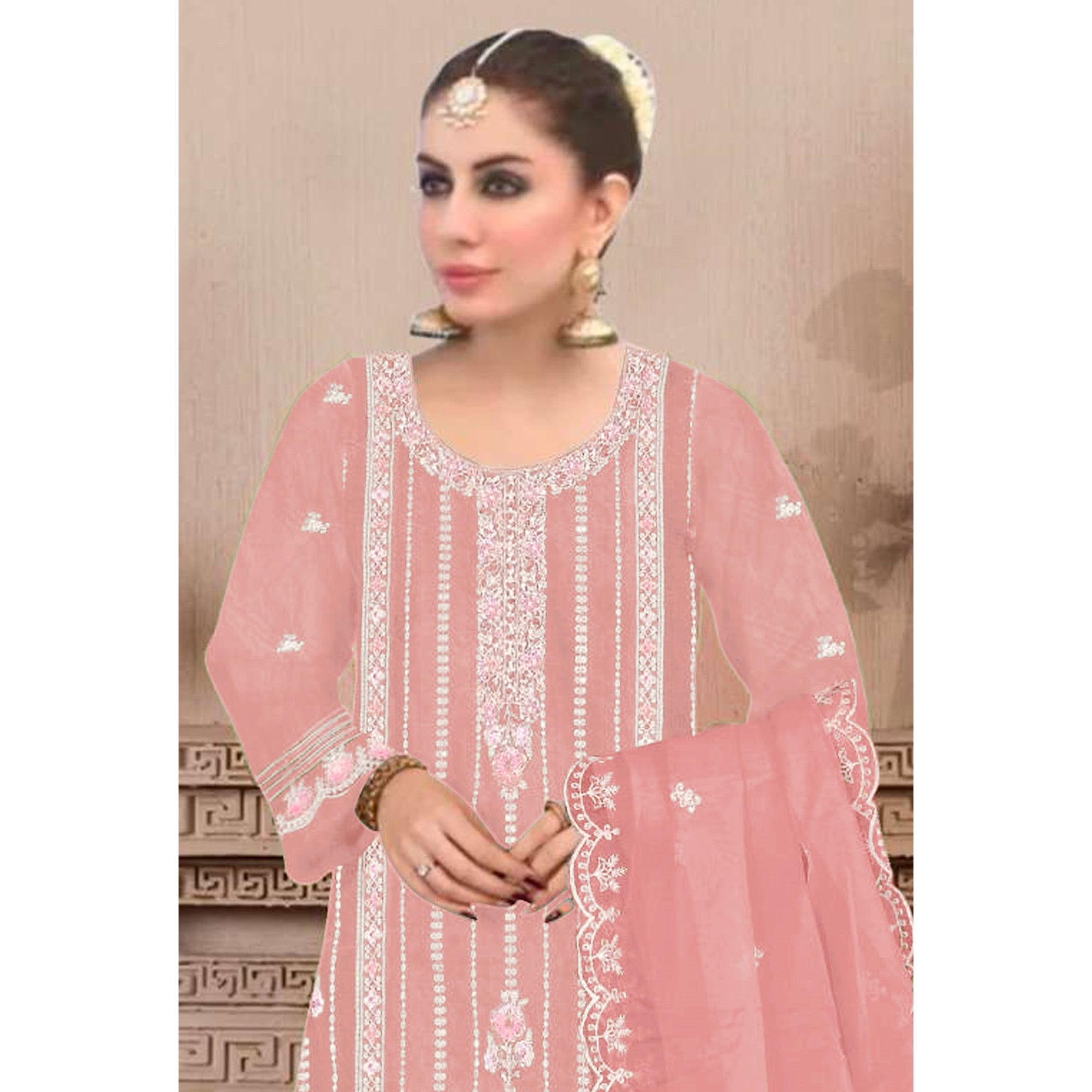 Peach Floral Hand Embroidered Georgette Semi Stitched Pakistani Suit