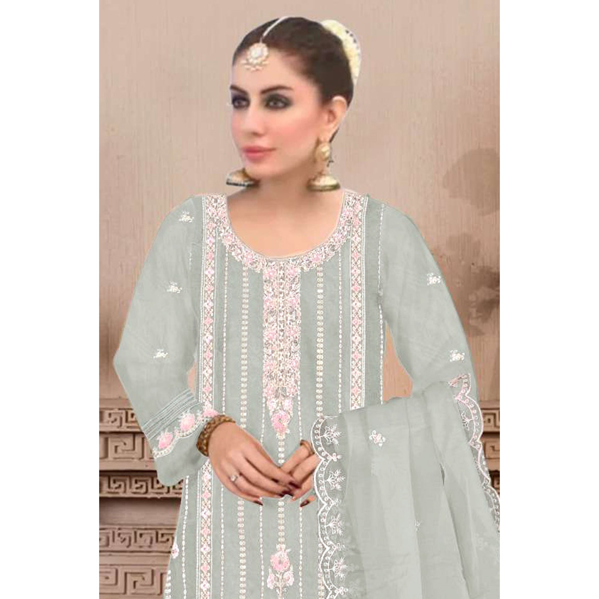 Sea Green Floral Hand Embroidered Georgette Semi Stitched Pakistani Suit