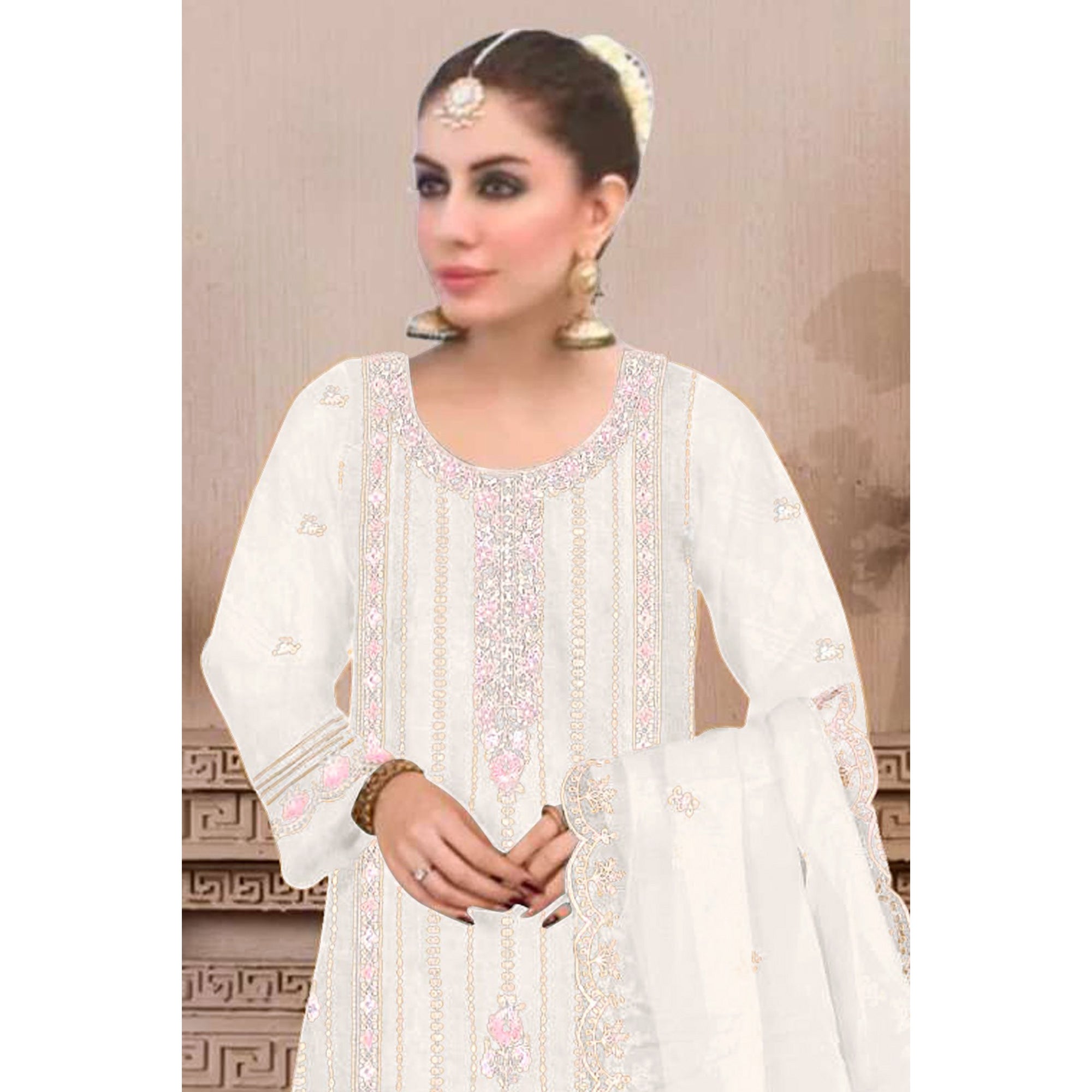 Cream Floral Hand Embroidered Georgette Semi Stitched Pakistani Suit