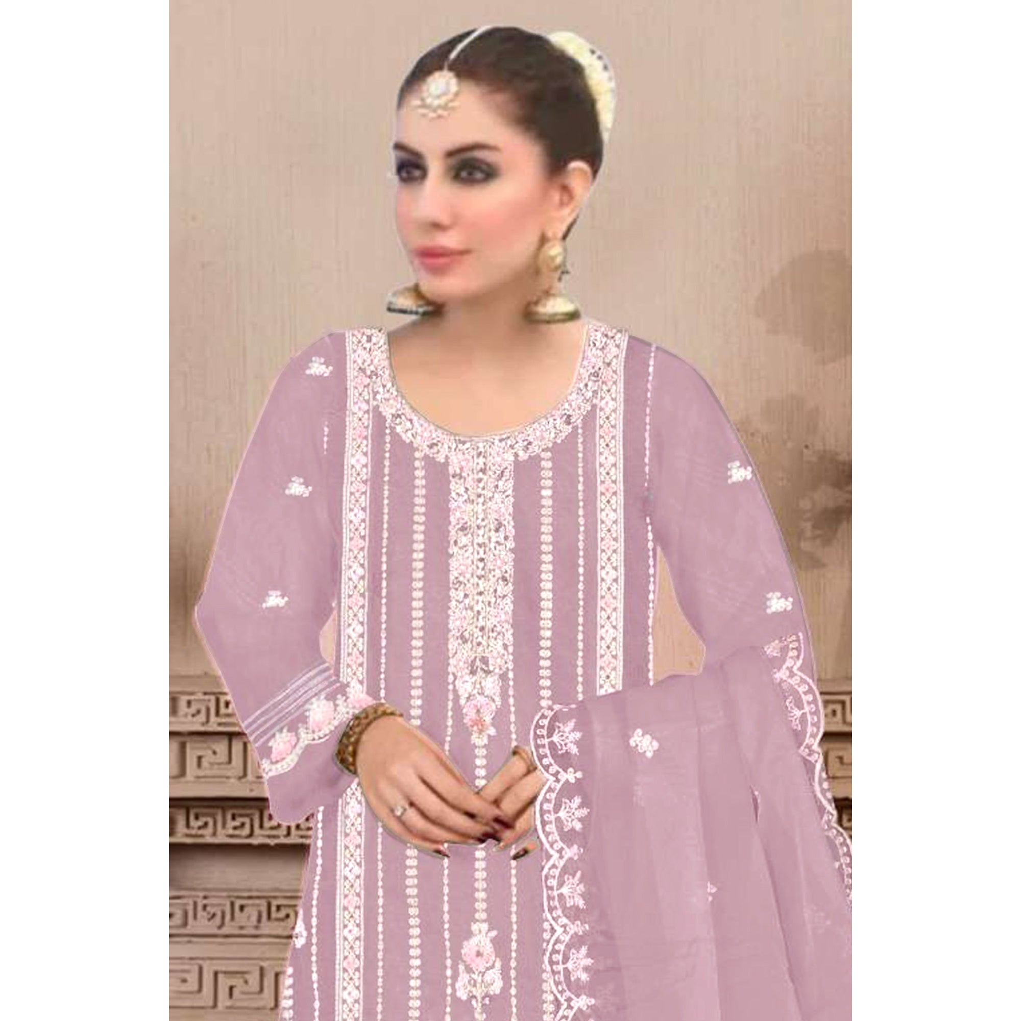 Light Purple Floral Hand Embroidered Georgette Semi Stitched Pakistani Suit