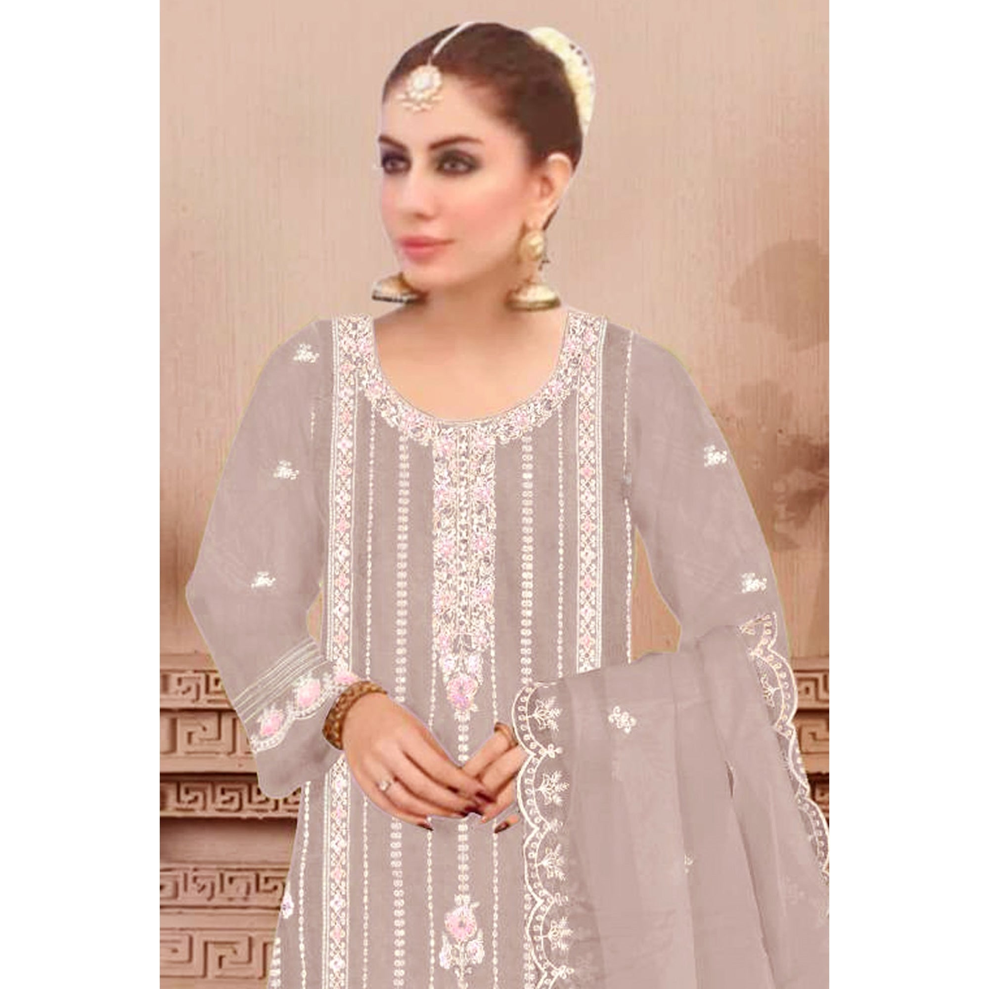 Beige Floral Hand Embroidered Georgette Semi Stitched Pakistani Suit