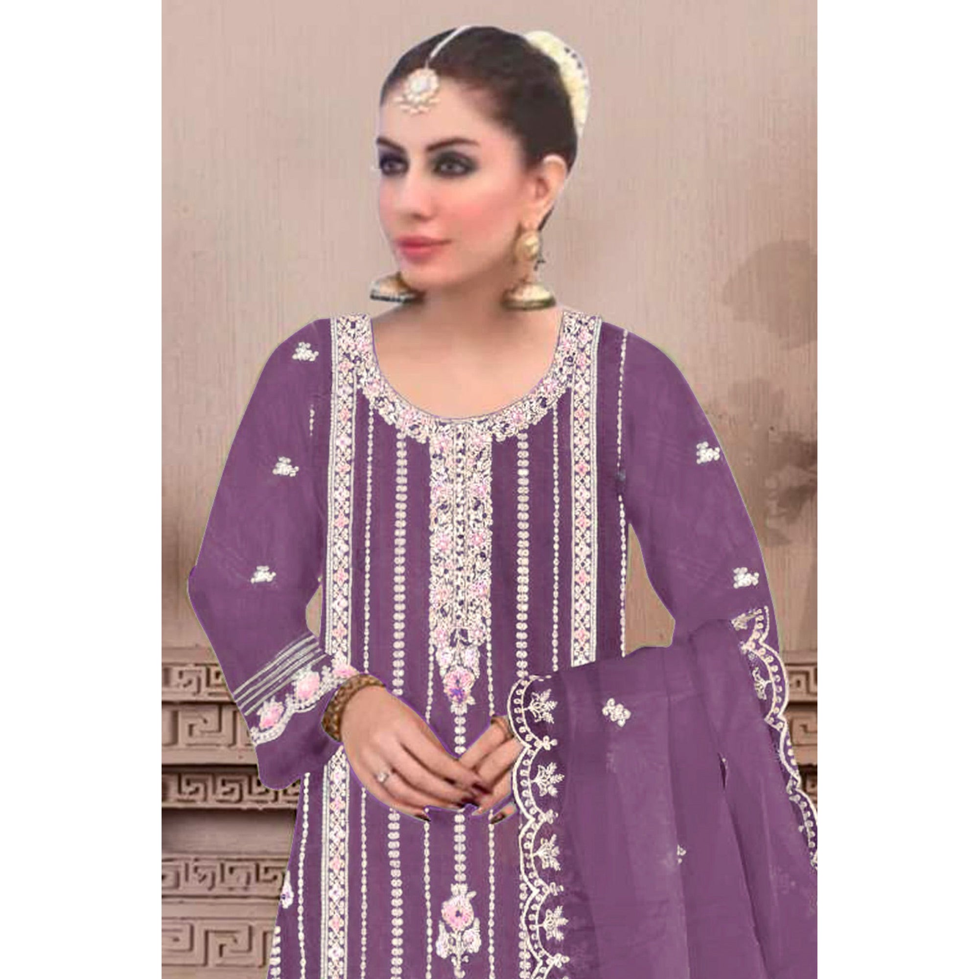 Purple Floral Hand Embroidered Georgette Semi Stitched Pakistani Suit