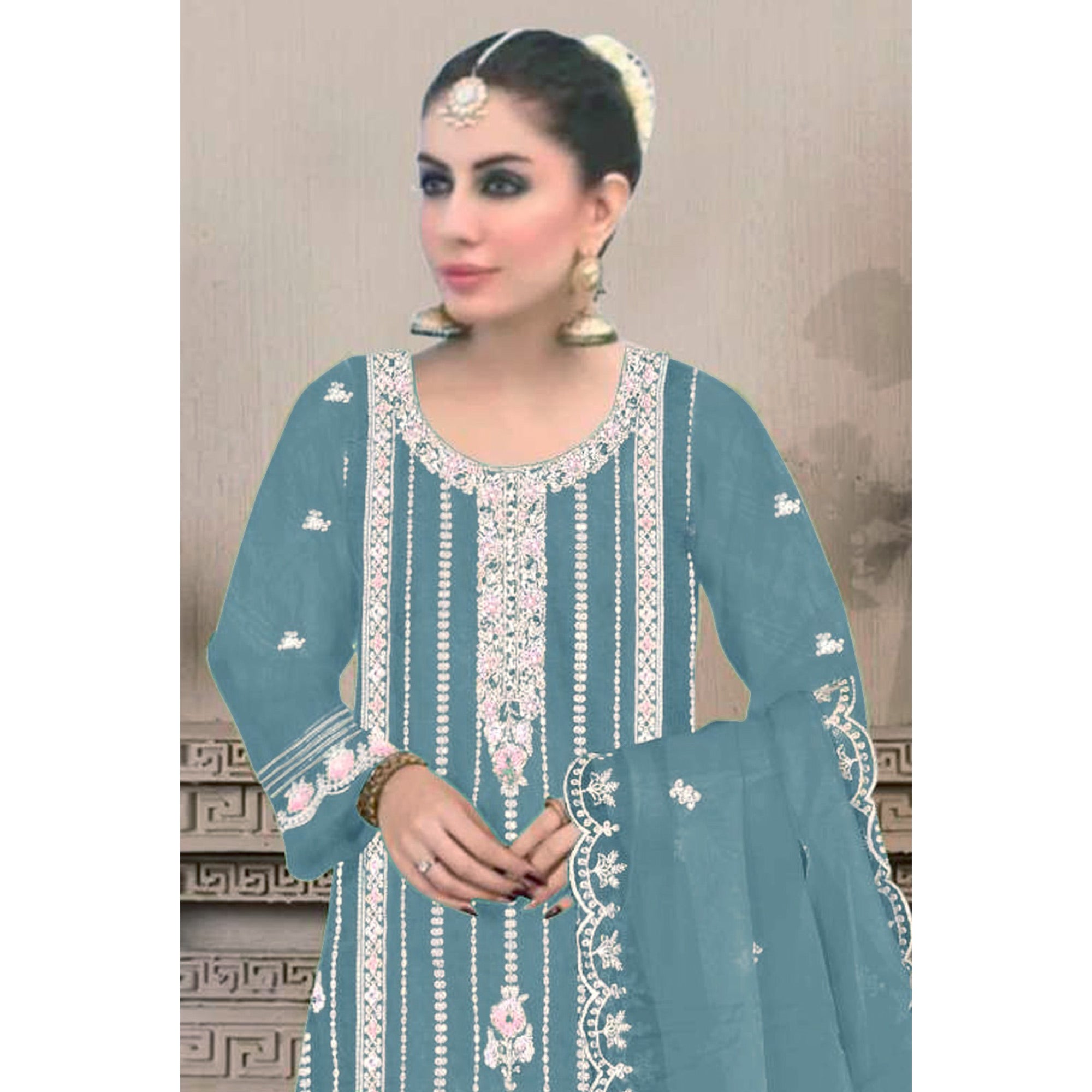 Blue Floral Hand Embroidered Georgette Semi Stitched Pakistani Suit