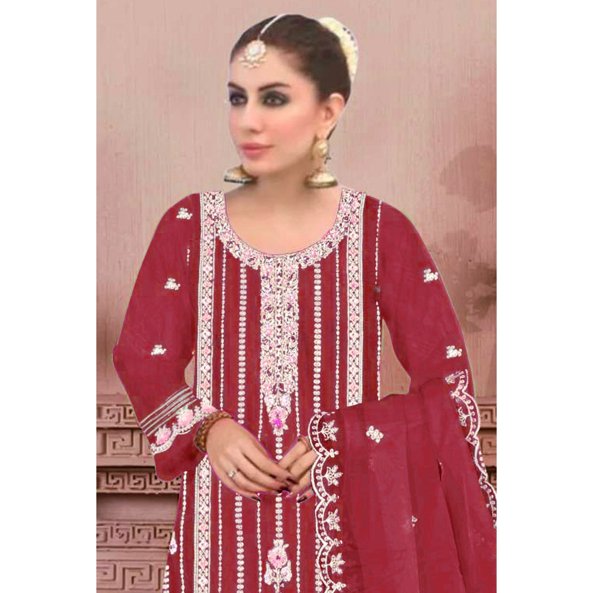 Maroon Floral Hand Embroidered Georgette Semi Stitched Pakistani Suit