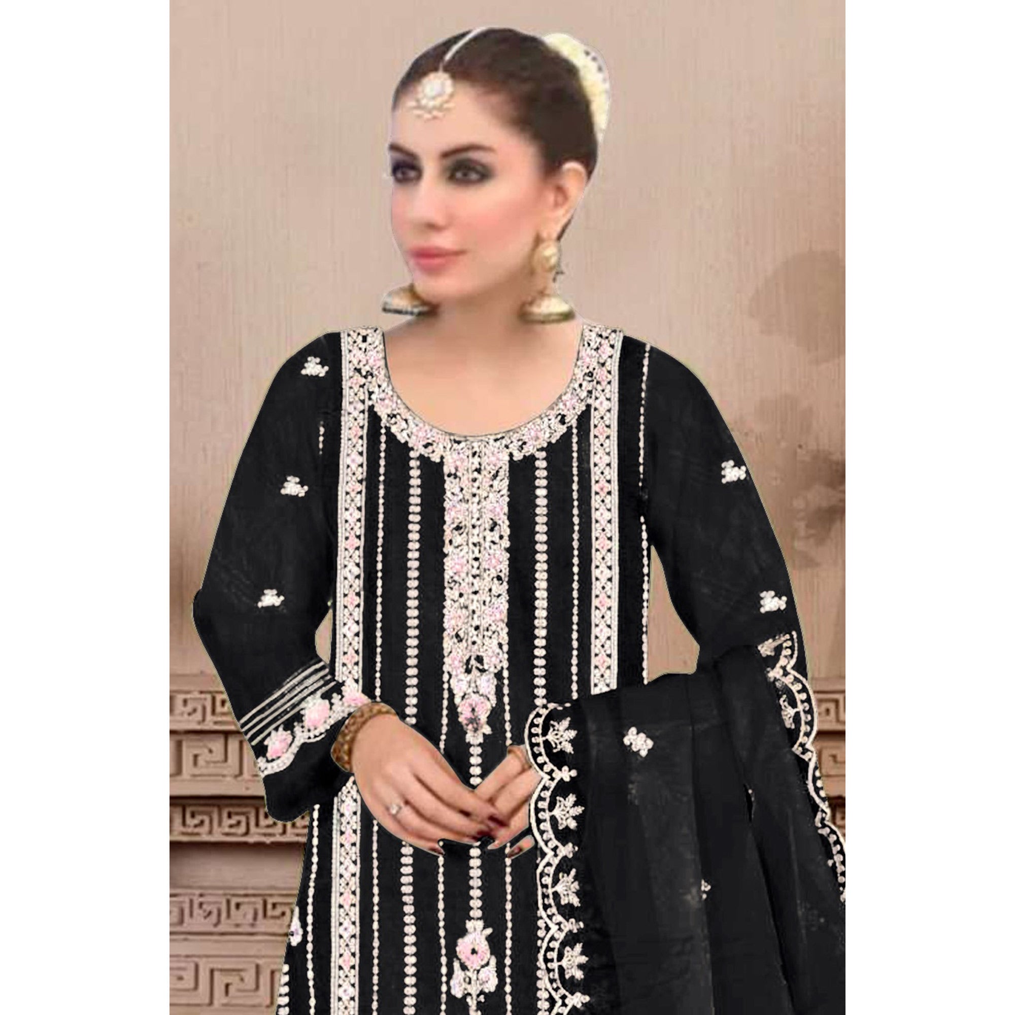 Black Floral Hand Embroidered Georgette Semi Stitched Pakistani Suit