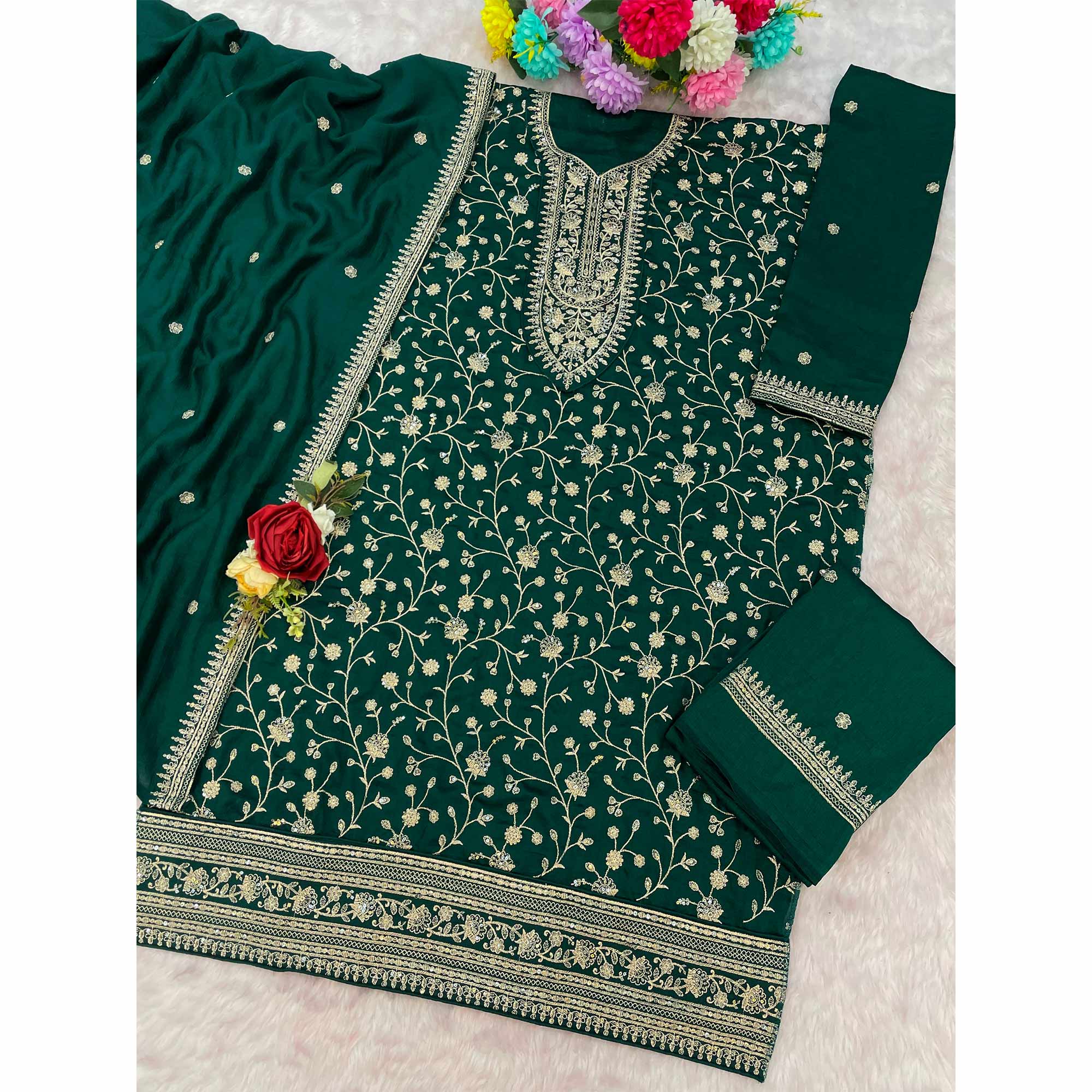 Bottle Green Beautiful Embroidered Pakistani Style Semi-Stitched Salwar Suit in Soft Georgette Fabric