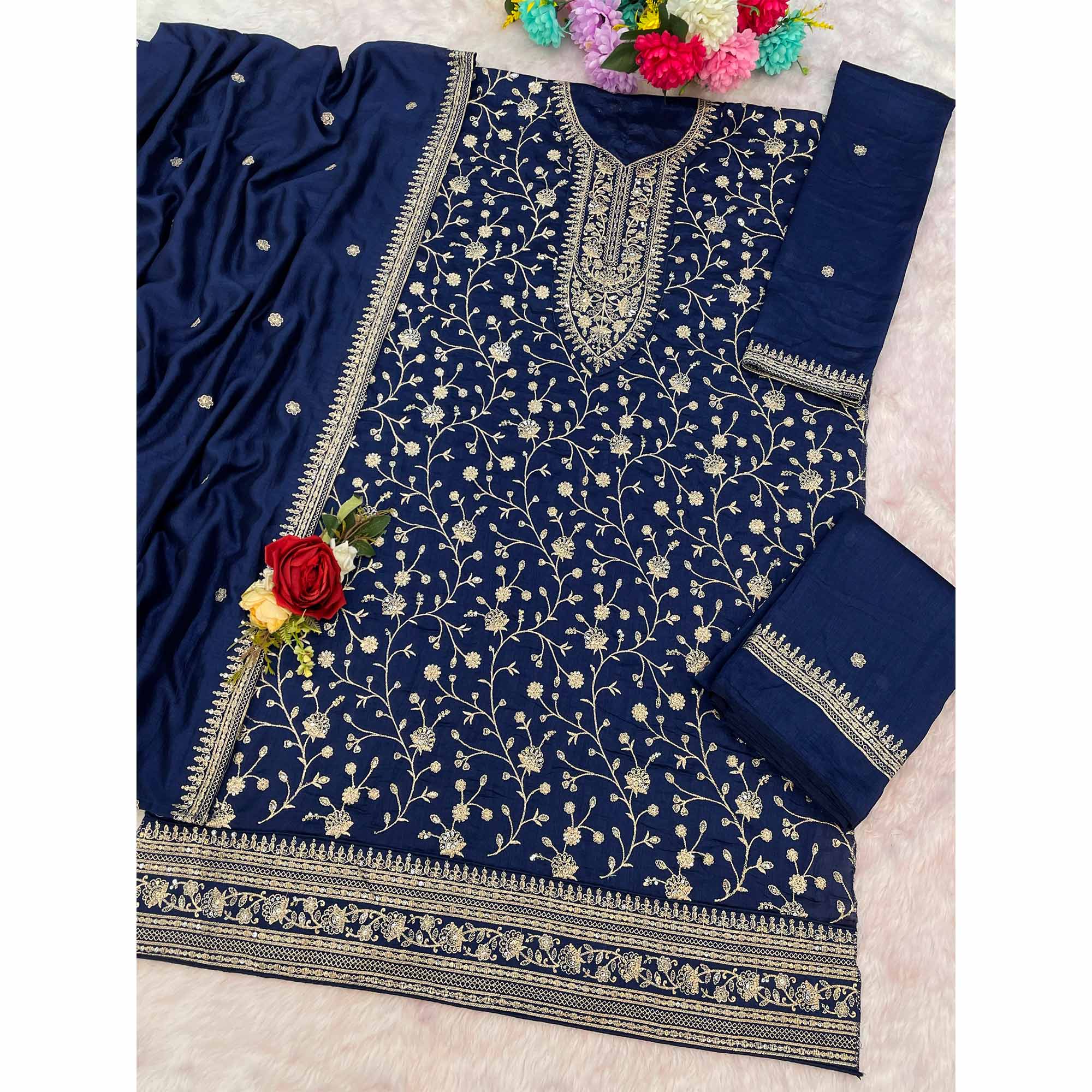 Navy Blue Beautiful Embroidered Pakistani Style Semi-Stitched Salwar Suit in Soft Georgette Fabric