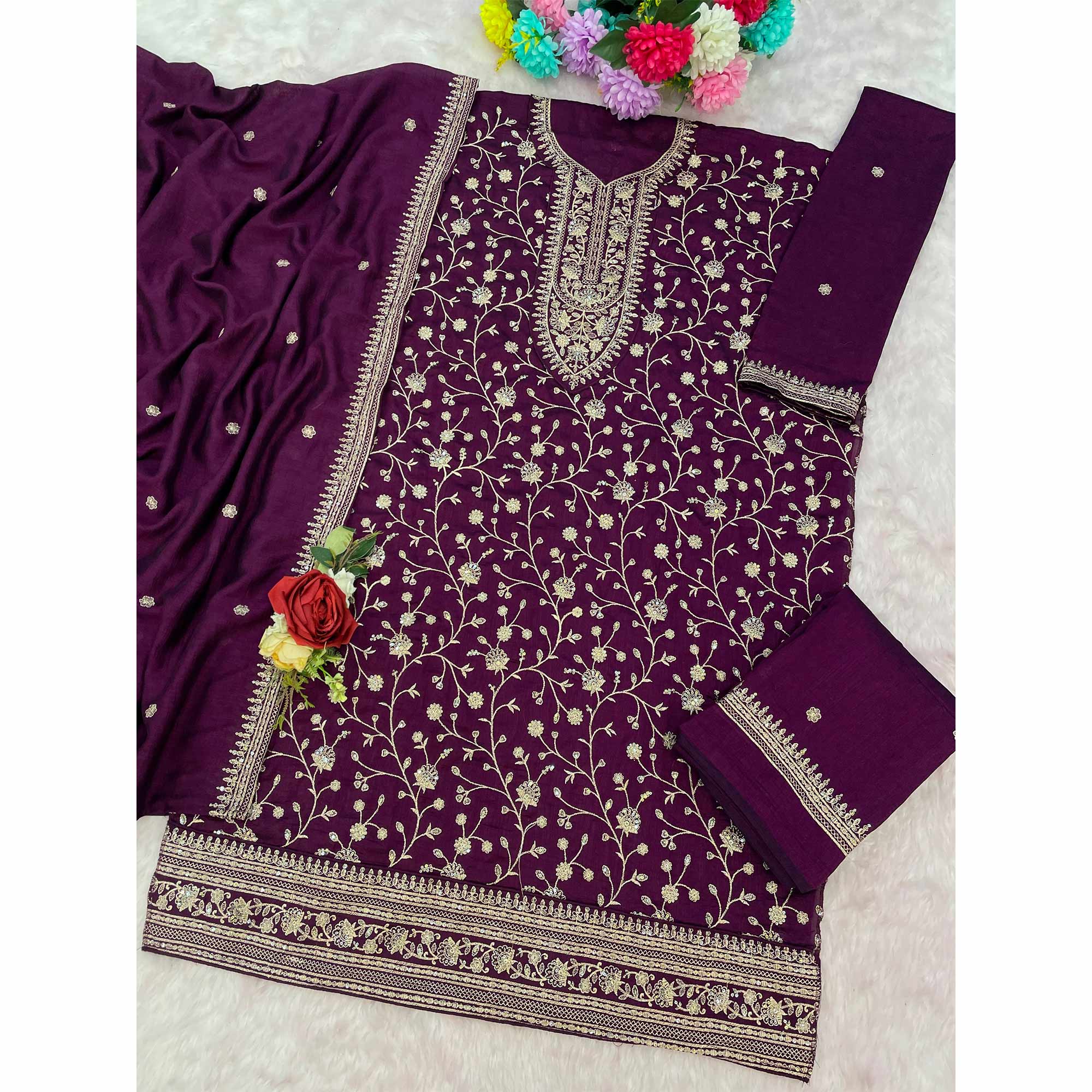 Purple Beautiful Embroidered Pakistani Style Semi-Stitched Salwar Suit in Soft Georgette Fabric