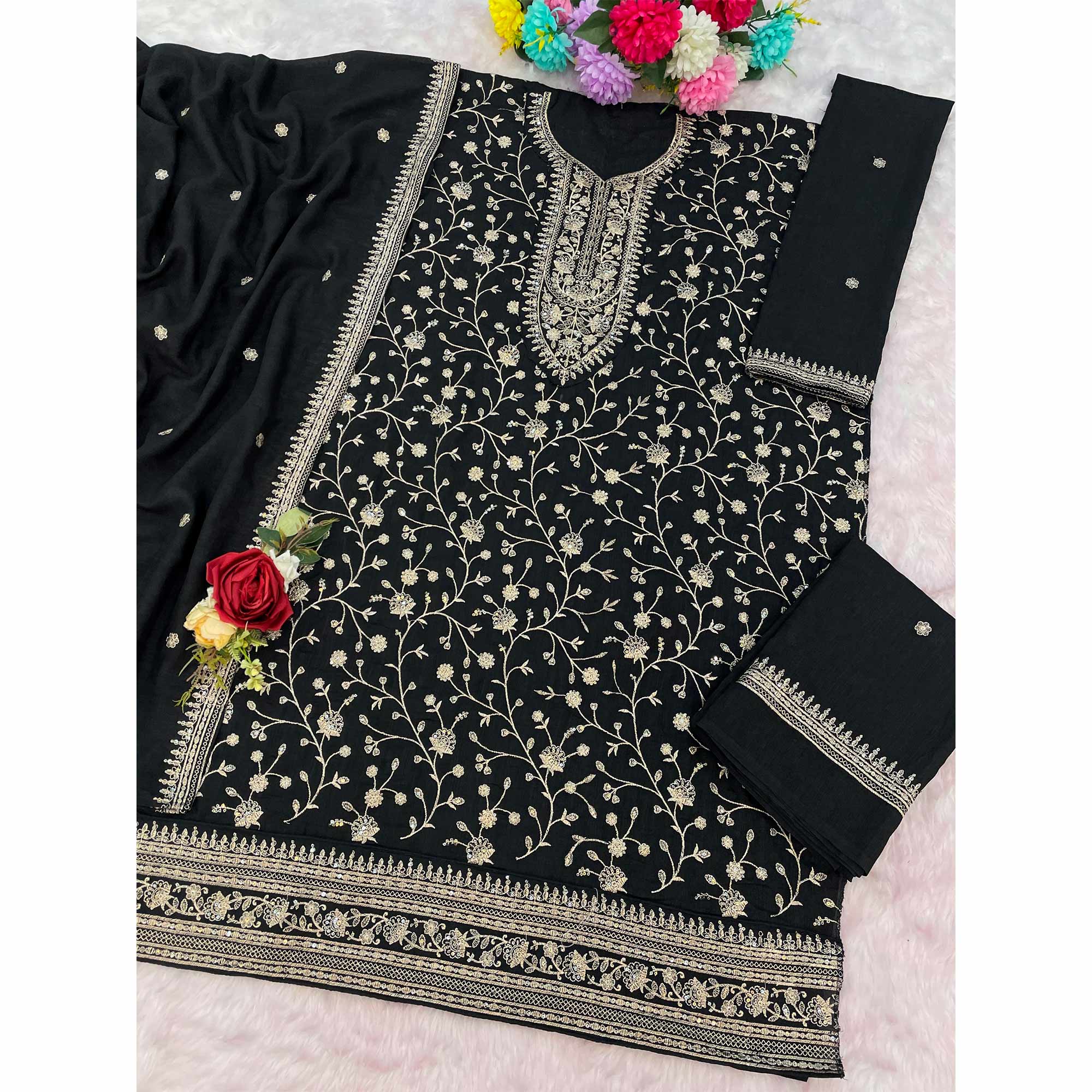 Black Beautiful Embroidered Pakistani Style Semi-Stitched Salwar Suit in Soft Georgette Fabric