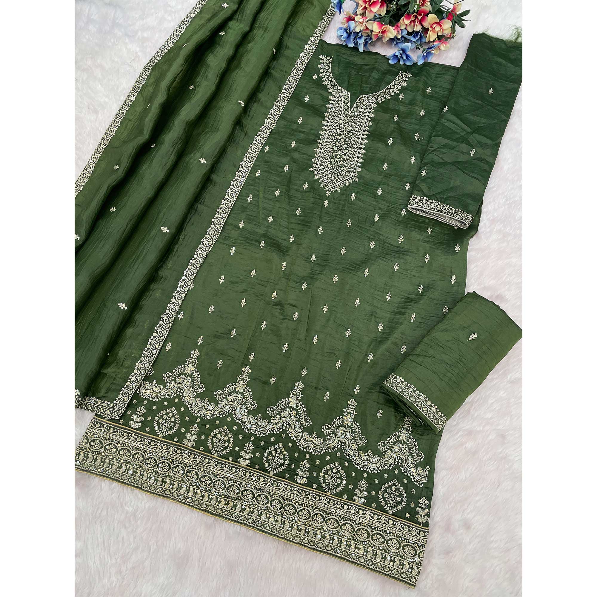 Green Embroidered Georgette Palazzo Style Semi-Stitched Salwar Suit for Graceful Occasions